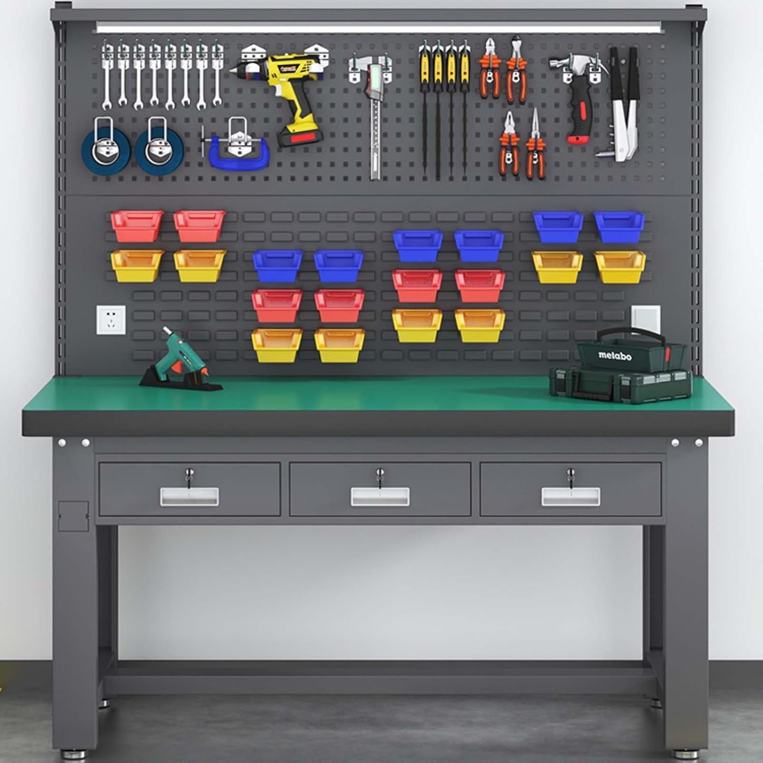 XingLi Heavy Duty Workbench with Power Outlets and Light, 2200 lbs Capacity, Steel Work Table with Drawers Pegboard, Powder Coated Finish