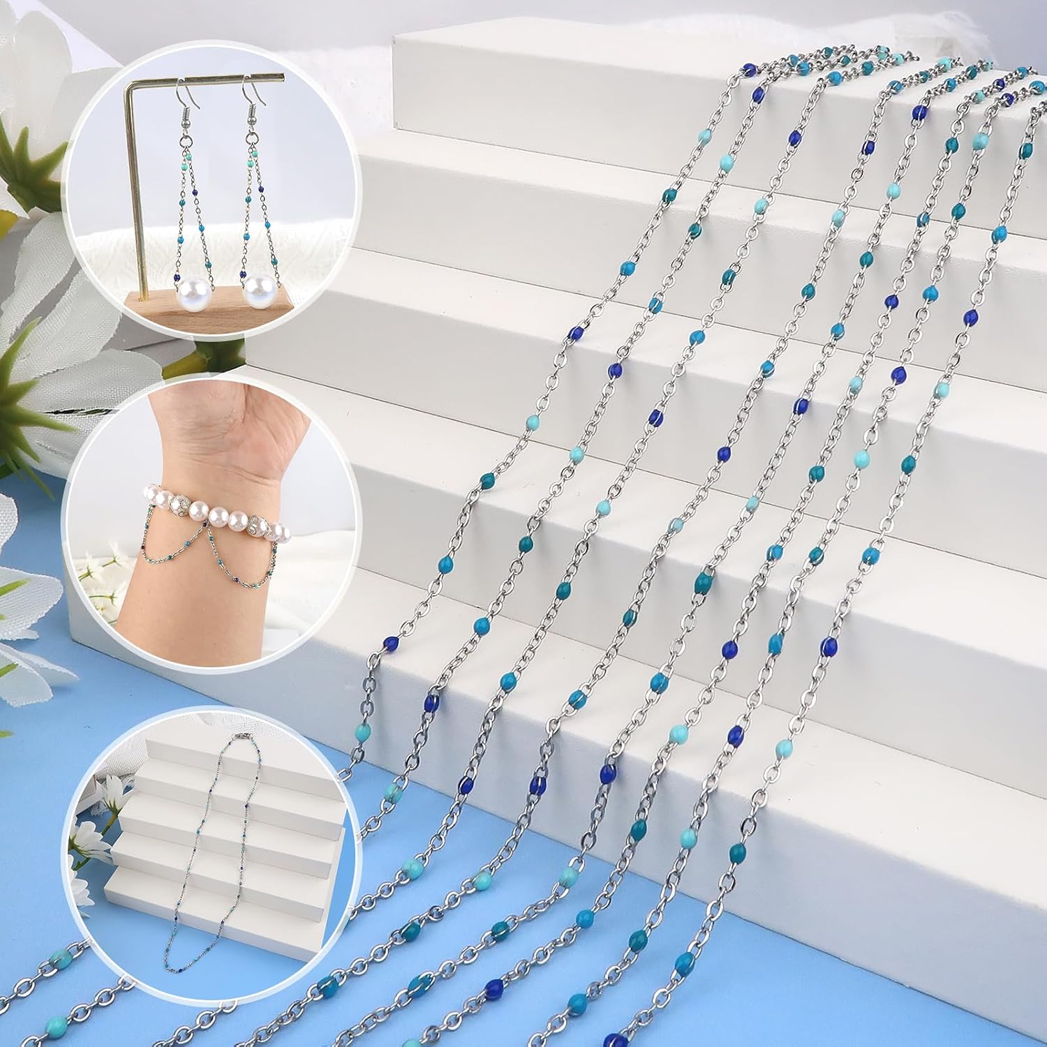 TOAOB 16.4 Feet Stainless Steel Enamel Chains Blue Beaded Link Chain with Lobster Clasps and Jump Rings for Jewelry Making DIY Necklace Bracelet Anklet Necklace 1.6mm