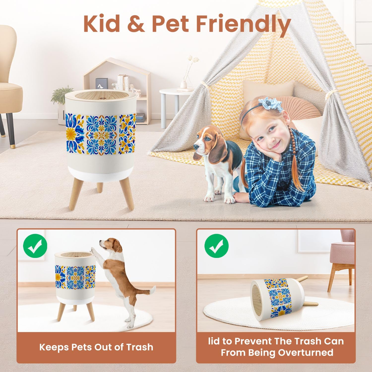 Bathroom Trash Can with Lid Italian Ceramic Tile Mediterranean Porcelain Pottery Ethnic Folk Garbage Bin Waste Basket for Kitchen Office Bedroom Decoration Diaper Pail 1.8 Gallon