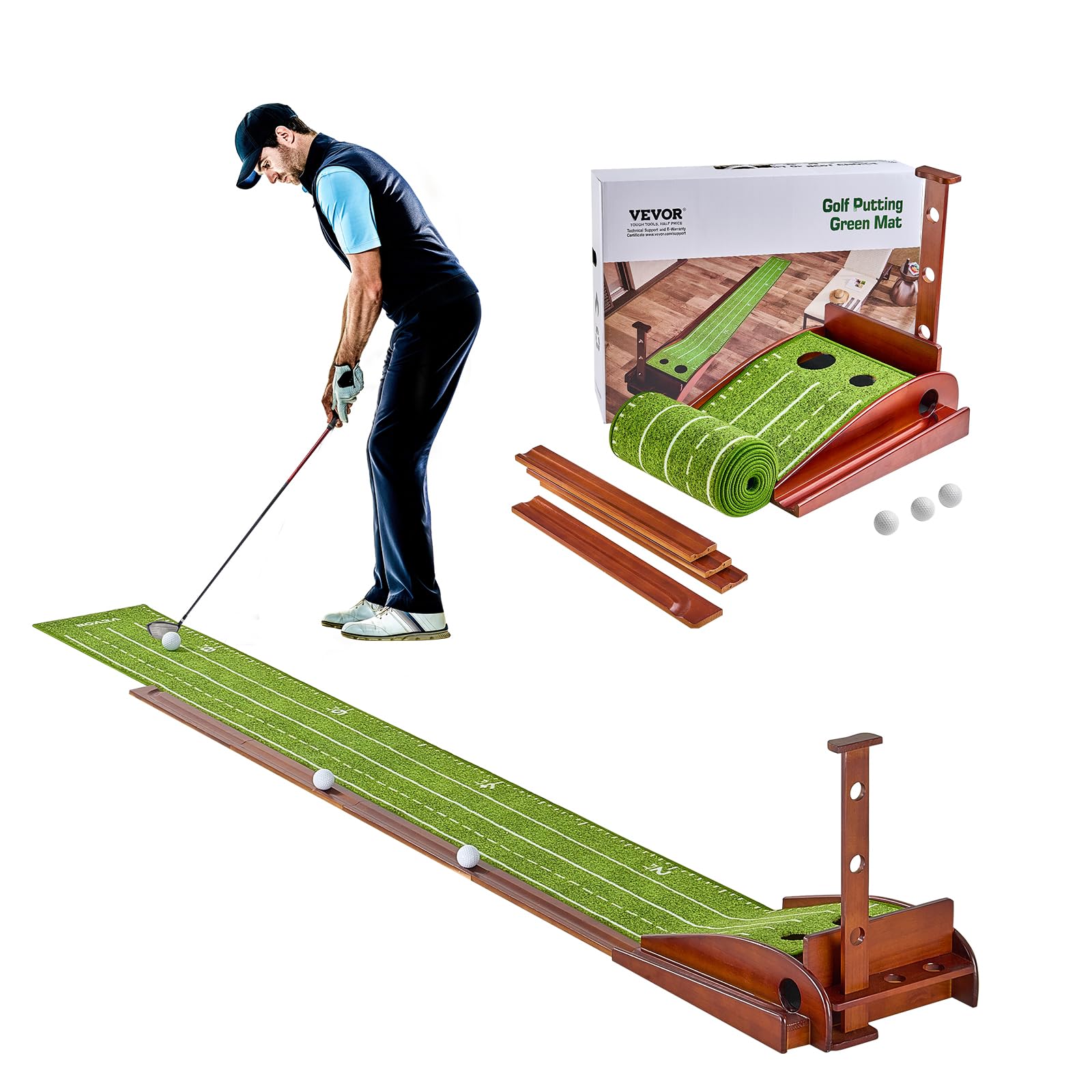 VEVOR Golf Puttingmatte, Golfmatte mit 2 Löchern, Indoor/Outdoor Golf Übungsmatte, Minigolf-Set mit automatischer Ballrückführung, Ausrichtungsleitfaden, Holzbasis, Golf-Trainingsgeräte, Grün