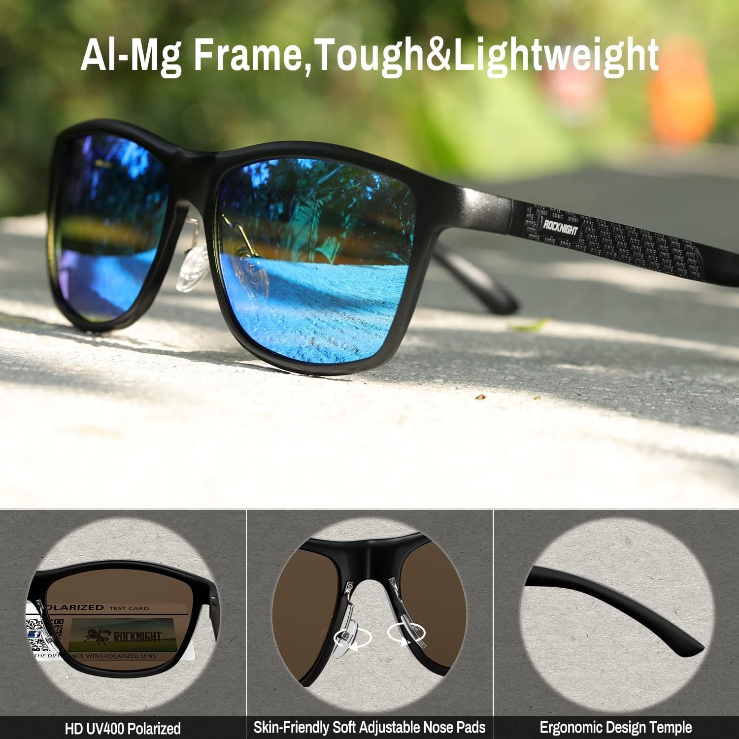 ROCKNIGHT HD Polarized Driving Sunglasses UV400 Protection Lightweight Al-Mg Metal Frame Outdoor Casual 60mm