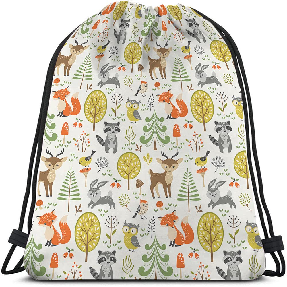 Beabes Cute Woodland Animals Drawstring Backpack Bag - 14x16.9 Inch, Multicolor, Waterproof, Polyester, Adjustable, Multifunctional for Men Women