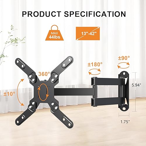 Miniatura 5 de Soporte de pared para TV de movimiento completo, soporte giratorio de TV con brazo articulado para la mayoría de televisores LED, LCD y plasma de 13