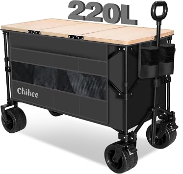 Chihee Garden Cart Collapsible Outdoor Utility Wagon Cart,Folding Beach Cart Oversized Capacity 220L,Heavy Duty Portable Wagon All Terrain Wheels Oversized Pocket 1 Foldable Desktop 2 Drink Holders