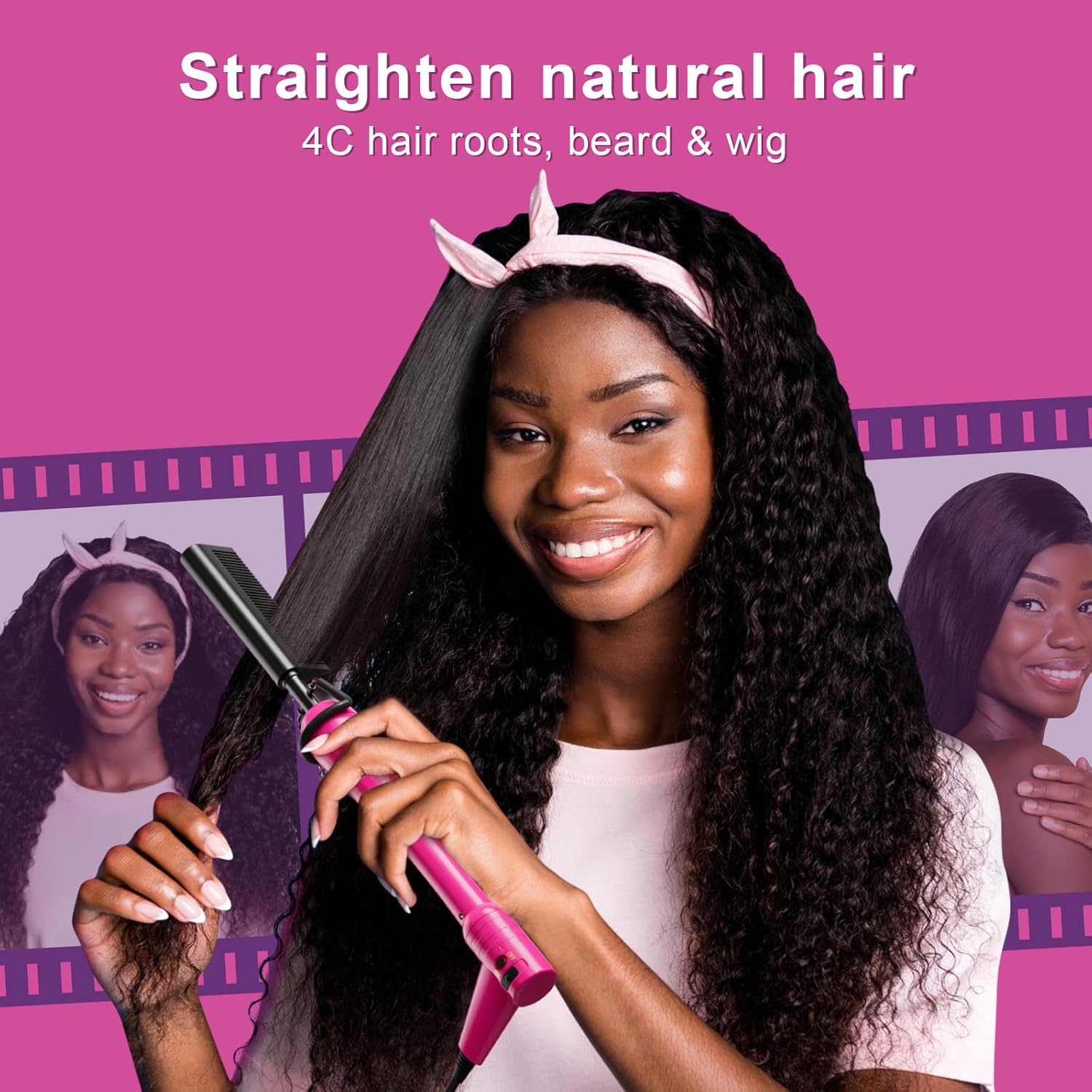 Mini Pink Hot Comb 500 Degree, Dual Voltage Electric Pressing Comb for Black Hair, Portable Ceramic Straightening Comb, Anti-Scald Plug in Hot Comb Straightener for Wigs, 4C Hair & Beard - Image 3