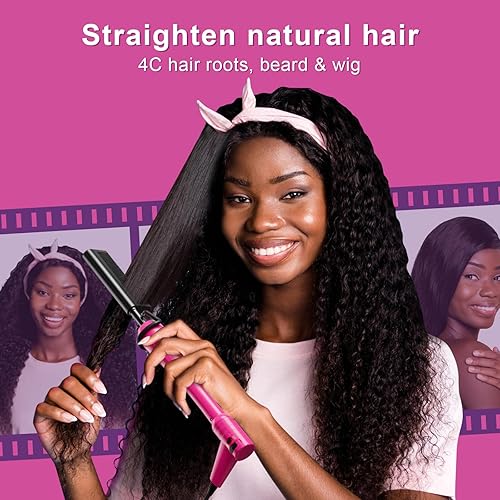 Miniatura 3 de Mini peine caliente rosa de 500 grados, peine de presión eléctrico de doble voltaje para cabello negro, peine alisador de cerámica portátil, enchufe