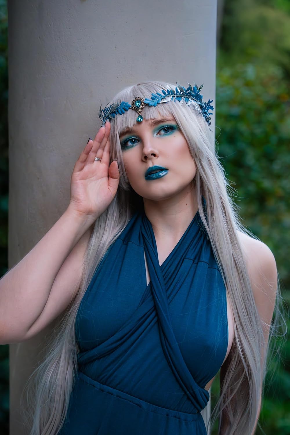 MOSTORY Blue Flower Fairy Crown - Woodland Elf Headpiece Floral Headband Forest Leaf Circlet for Women Renaissance Renfaire Halloween Cosplay Fantasy Photo Shoot - Image 2