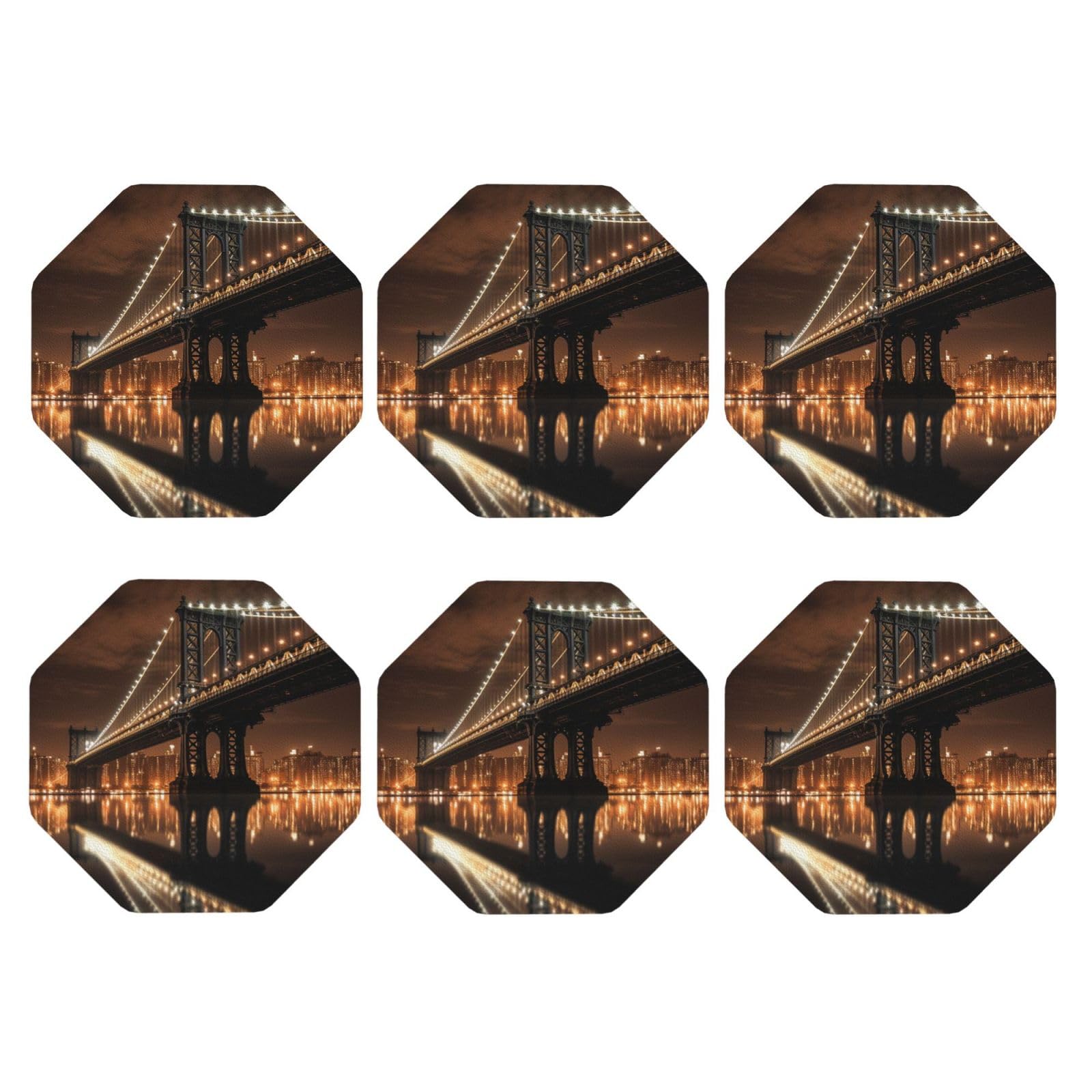 6pcs Leather Coasters for Drinks, New York Manhattan Bridge Night Drink Coasters for Tabletop Protection, 4" Cup Coasters for Coffee Table Decor, Non-Slip Drinking Cup Mat for Hot Or Cold Drink