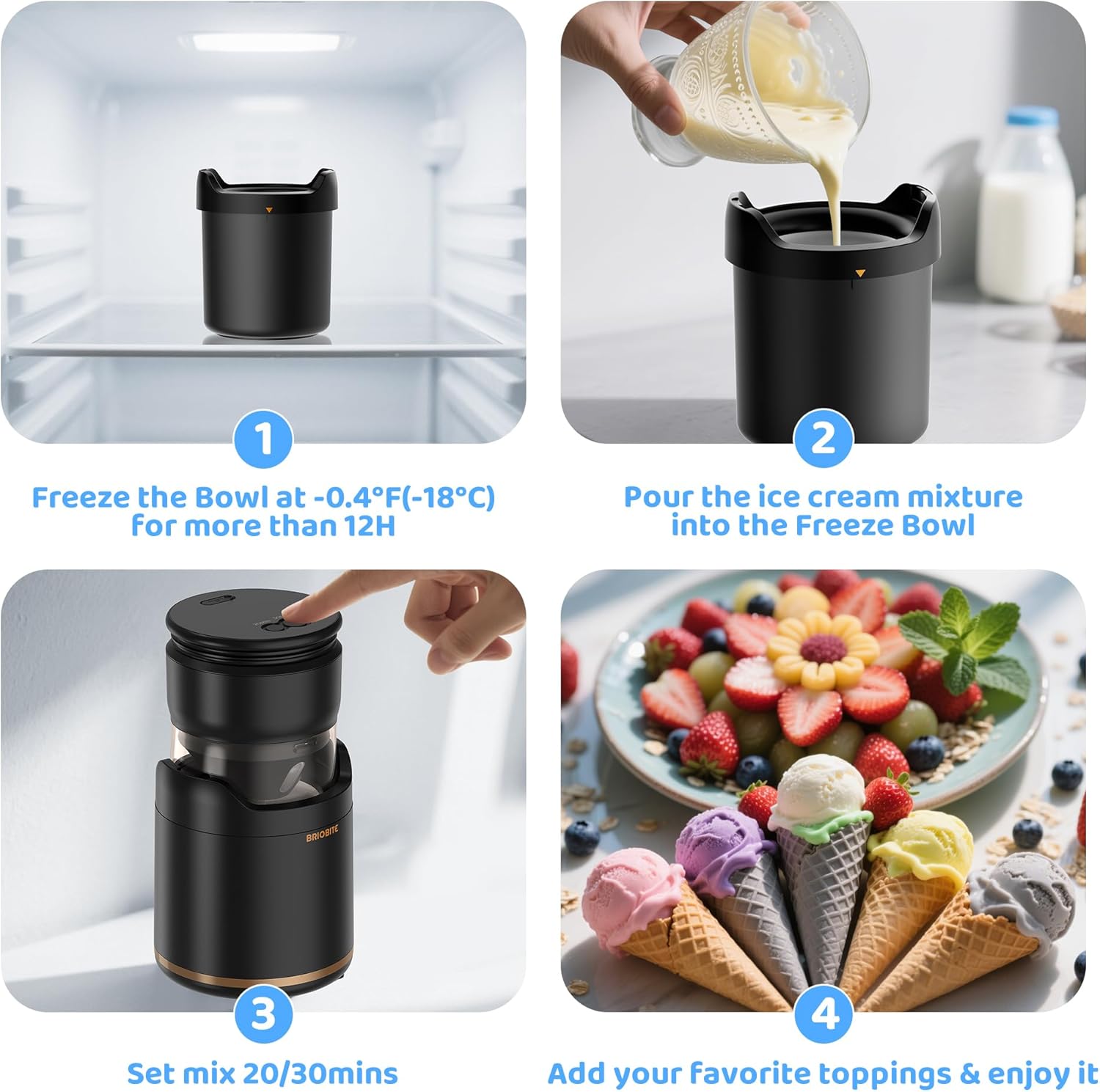 Ice Cream Maker,Rechargeable Soft Ice Cream Machine with Low Noise,Compact for 1-2 Servings,Perfect for Sorbet,Gelato,Frozen Yogurt,Black