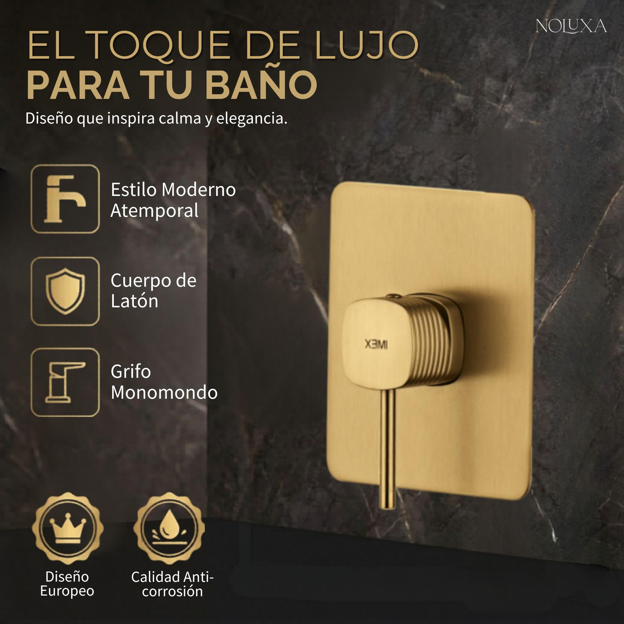 IMEX - Ducha Empotrada Oro Monomando | Conjunto de Grifería Empotrado con Rociador Antical Efecto Lluvia Dorada | Columna Ducha Empotrada con Grifo en Latón y Acero Inox S.304 (SIN ALCACHOFA)