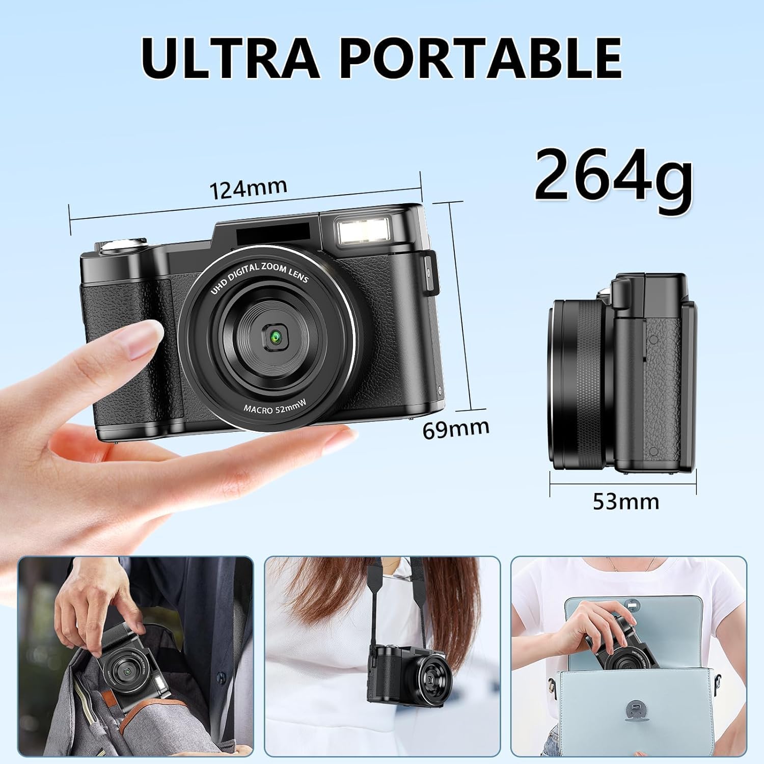 Camara de Fotos 5K 64MP Zoom Digital 18X Camara Digital Enfoque Automático, Pantalla IPS de 3" 180°, Camara Vlogging con Tarjeta de Memoria de 32GB, Batería de 800mAh, Ideal para Principiantes Jóvenes