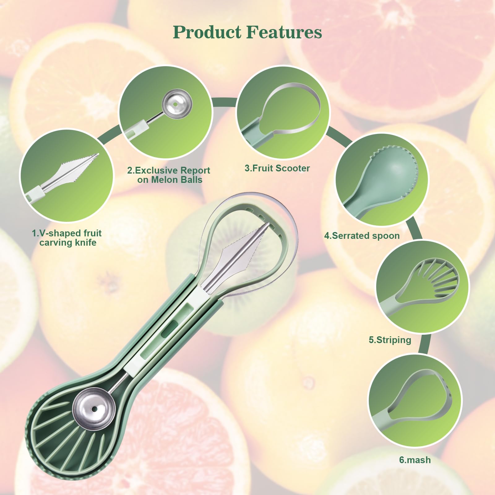 XGIZMOO Melon Baller Scoop Set - 6 in 1,Stainless Steel Fruit Cutter,Seed Remover Cutter,watermelon Scooper Fruit Scooper and Baller, Fruit Carving Tools Dig Pulp Separator Fruit Slicer(Green) - Image 7