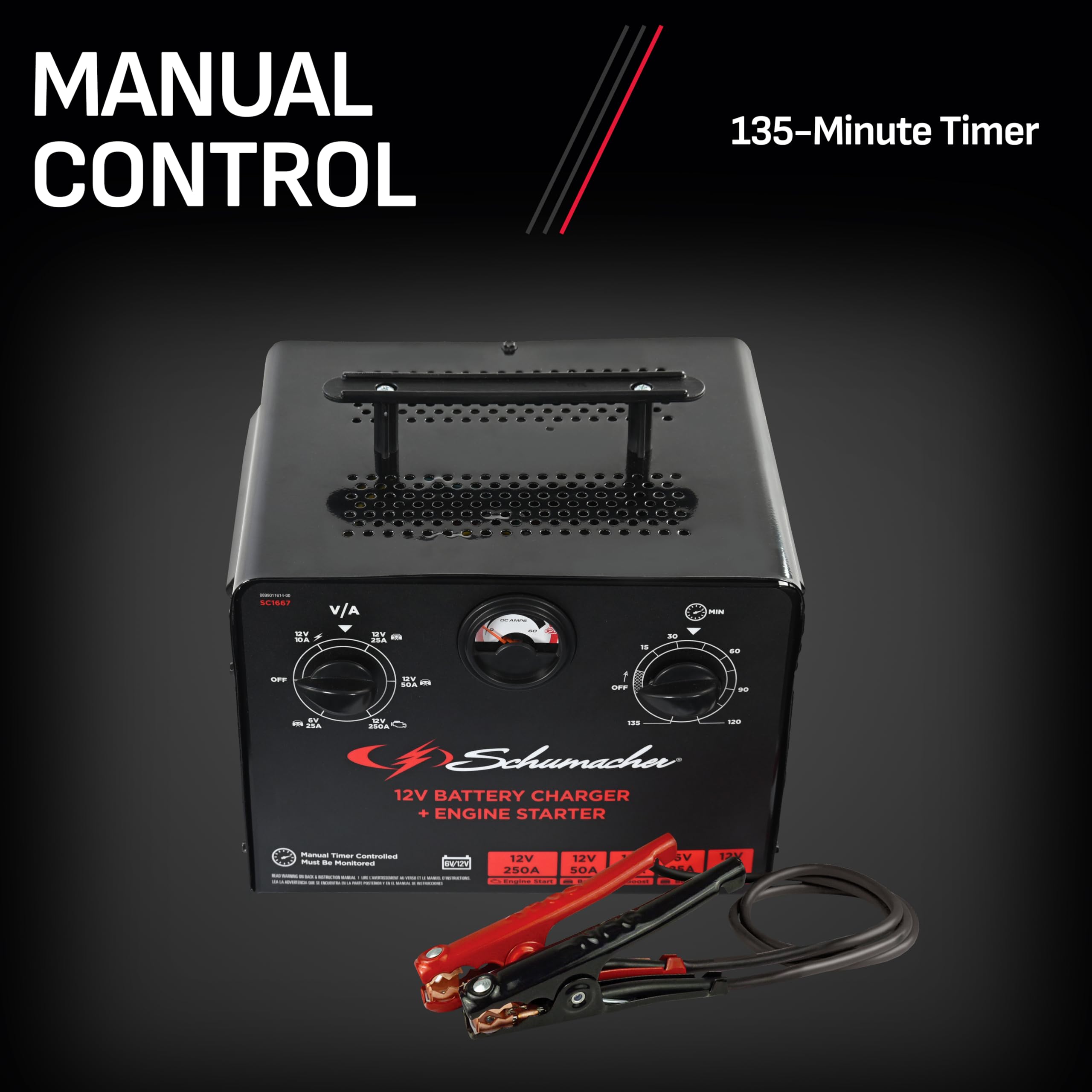 Schumacher Electric 6V/12V Time Controlled Battery Charger & Engine Starter - Precision Controlled Charger with 135-minute Timer & Overload Protection - 250 Cranking Amps & 3 Boost Modes - SC1667