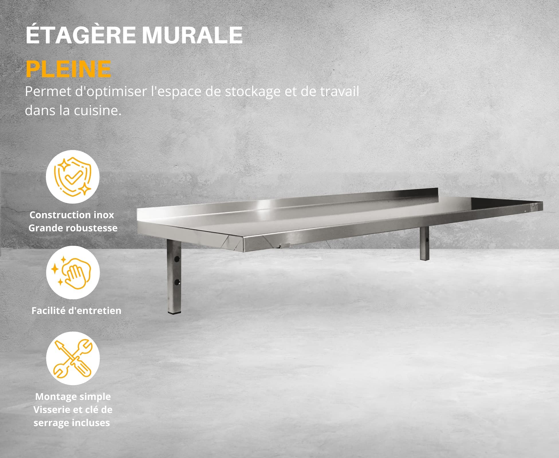 L2G – Étagère Murale Pleine en Inox avec Consoles Fixes | 1400x400x250mm | Robuste & Idéale pour Cuisine Professionnelle