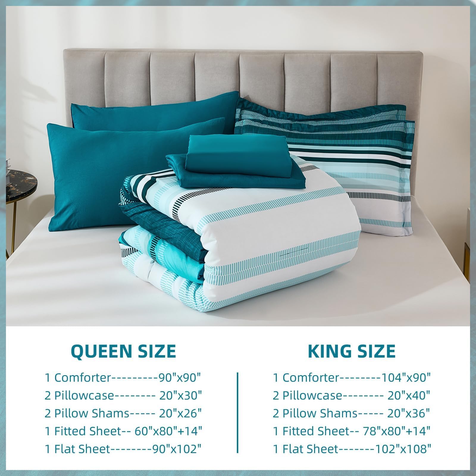 Dobuyly Bettwäsche-Set für Queen-Size-Betten, 7-teilig, blaugrün, gestreift, Boho, gestreift, Queen-Size-Größe, weiche Mikrofaser, Ganzjahres-Bettwäsche-Set mit Bettdecke, Laken, Kissenbezügen und