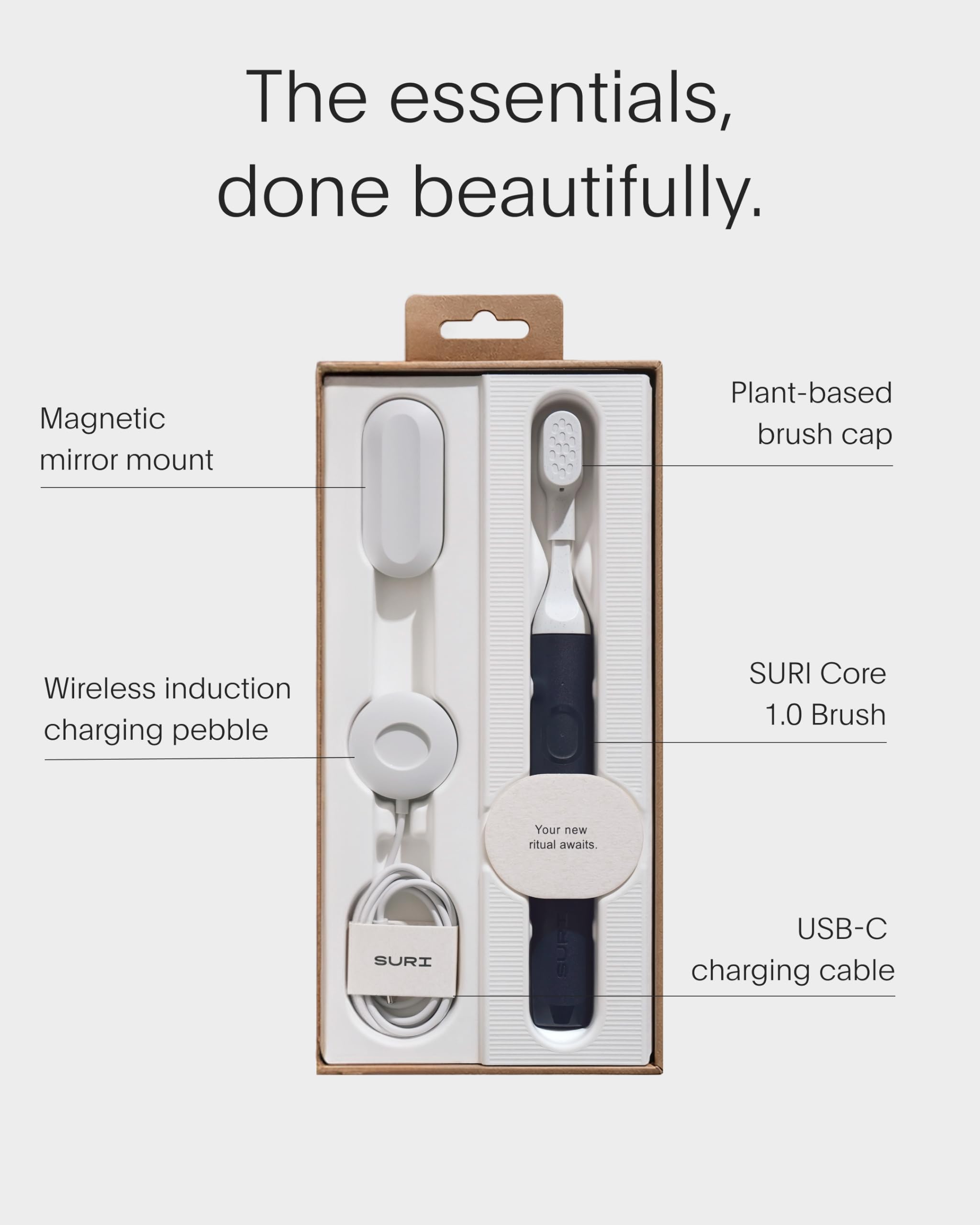 SURI NUOVO spazzolino elettrico Core Sonic | Batteria fino a 4 settimane | Copertura della testa da viaggio | Sensore di pressione | Corpo a base biologica* | Timer da 2 minuti | Testine a base