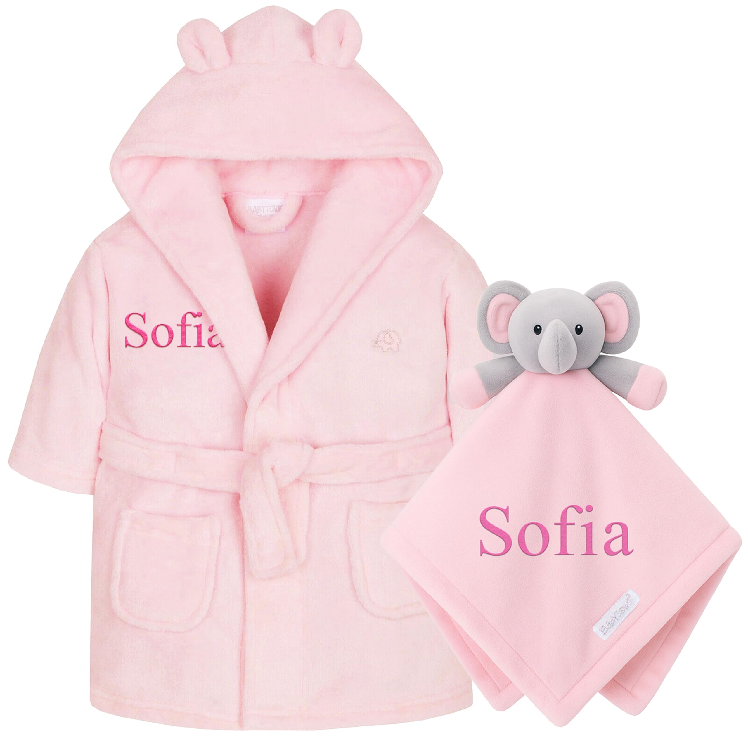 Personalised Baby Dressing Gown & Elephant Comforter Set Newborn Baby Gift Blanket Robe Bundle (Pink Robe & Pink Elephant Comforter, 0-6 Months)