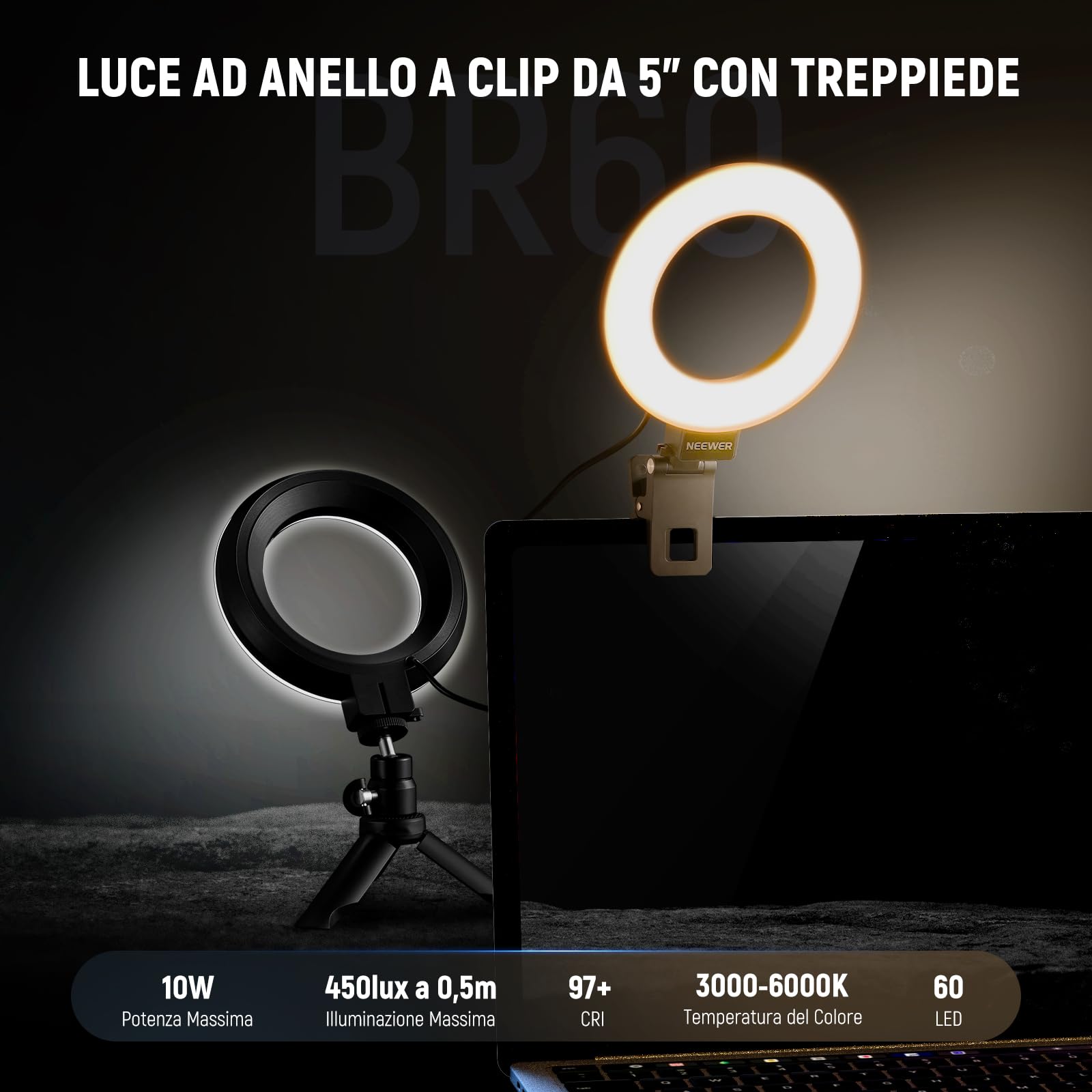 NEEWER BASICS 5" Ring Light con Mini Treppiede per Videoconferenza da Scrivania, Kit Streaming con Clip per Monitor Webcam Computer Laptop Trucco Selfie Registrazione Video, Panno da Pulizia, BR60