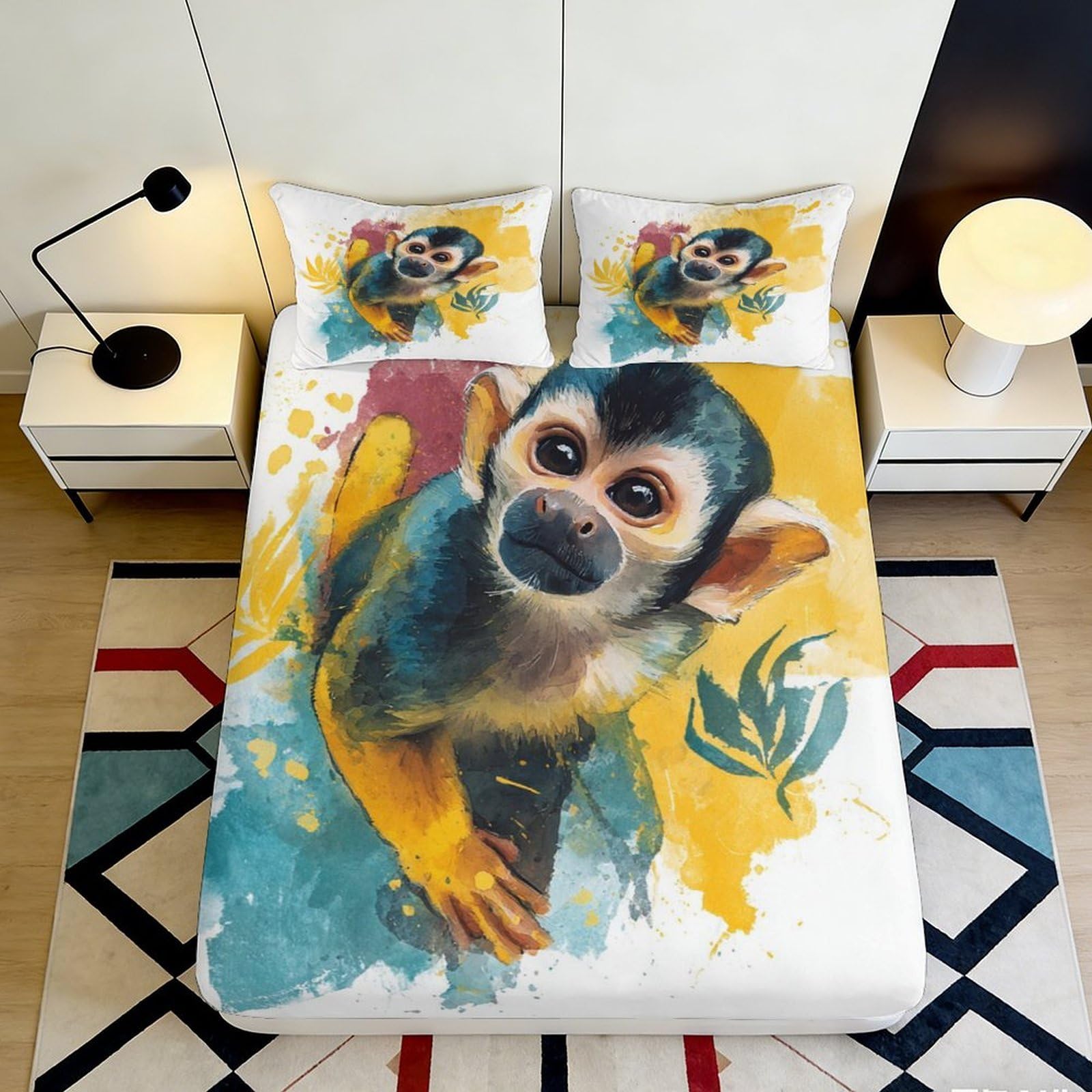 Jqzkxnhpbr Style-7 3D Printed Monkey Forest Fitted Sheet Microfiber Soft Yellow Blue Jungle Art Mattress Cover For Bedroom Dorm Decor 90X200x25cm