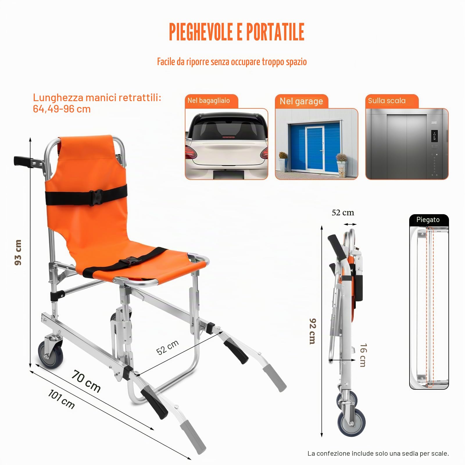 Sedia per scale, 159 kg, design salvaspazio, portatile, pieghevole, in PVC, arancione, con rinforzo in tubo a U e ruota in gomma, per ospedali, centri di emergenza, vigili del fuoco