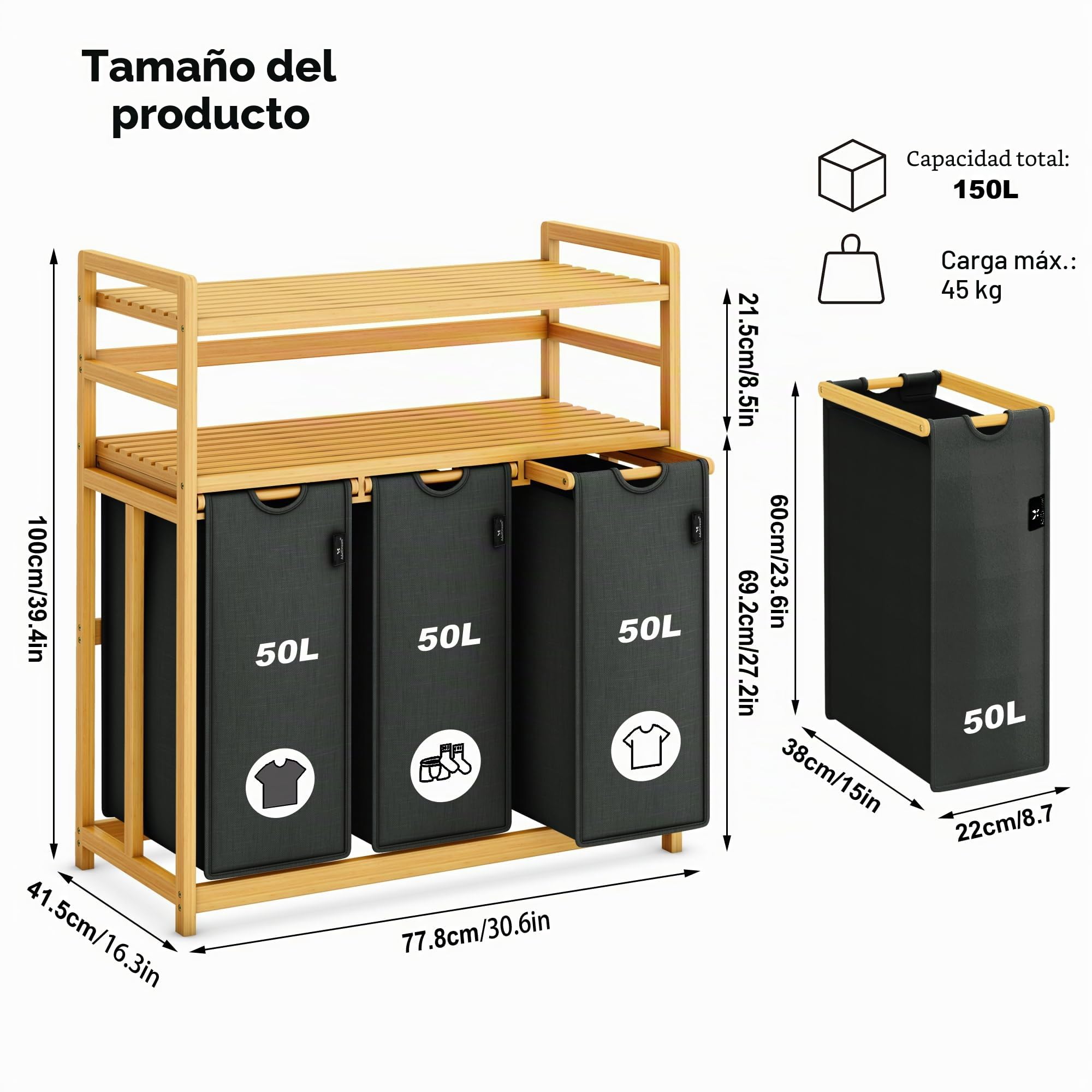 AdelDream Cesta para la Ropa 150L 3 Compartimentos 2 Estantes Bolsa para la Ropa Extensible y Desmontable Cestos para la Ropa con Estructura de Bambú Gran capacidad Gris