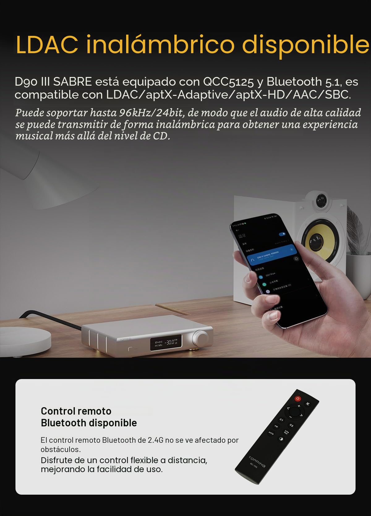 Topping D90 III SABRE MQA Full Balance HiFi DAC Bluetooth 5.1 ES9039SPRO x 2 DSD512 PCM32bit/768kHz USB/Koax/Opt/AES/IIS Decodificador de preamplificador de audio para escritorio
