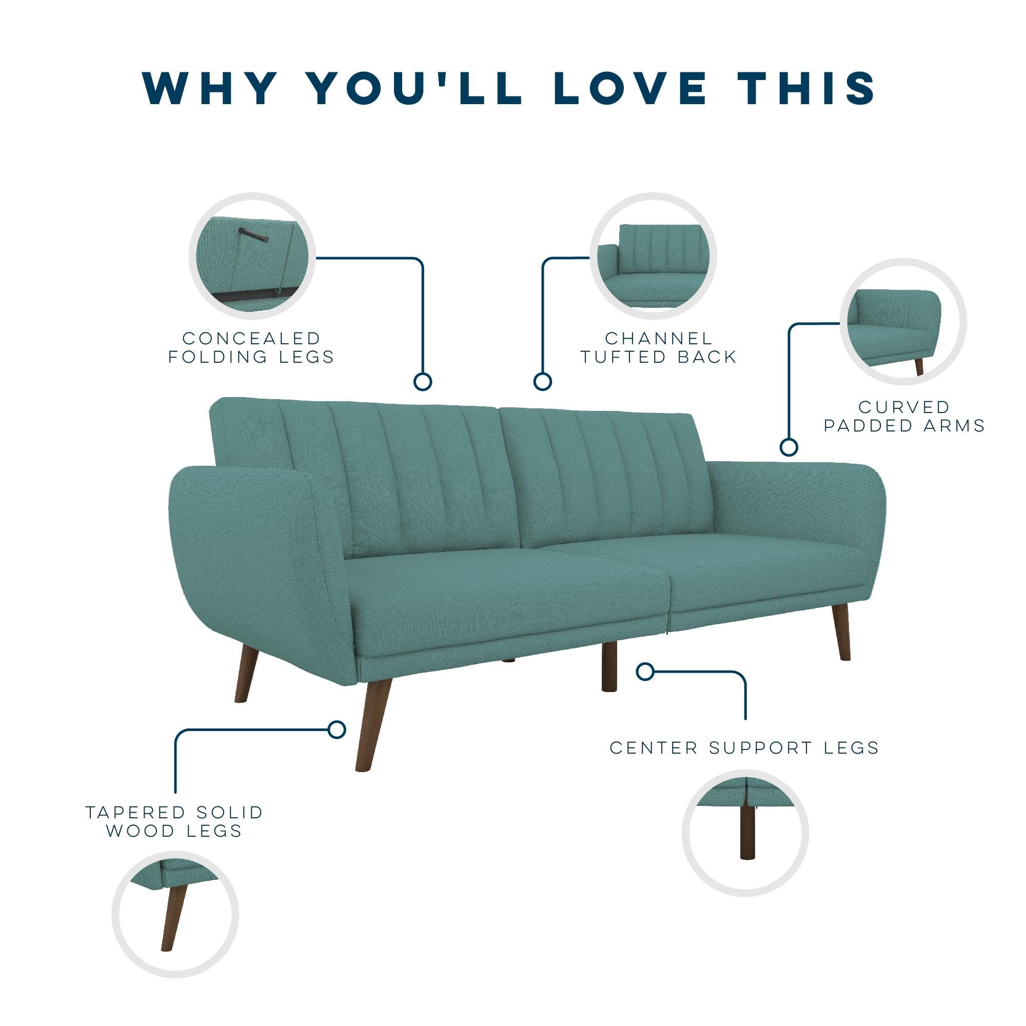 Novogratz Brittany 82 Inch Futon Sofa Bed in Faux Leather, Upholstered Couch Sleeper with Tufted Back, Mid-Century Modern Design, Teal
