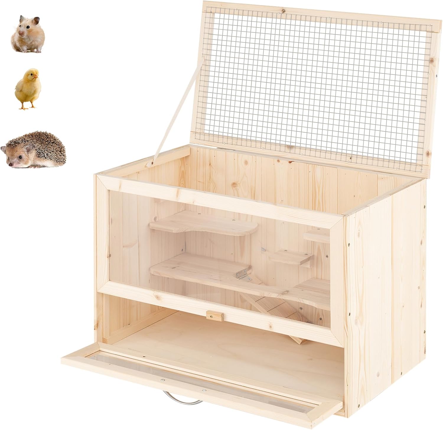 GYMAX Hamsterkäfig aus Holz, Nagetierkäfig mit Rampe, Gitter-Klappdach & Vordertür, mehrere Spielzonen, Kleintierkäfig für Kleine, 60 x 35,5 x 42 cm
