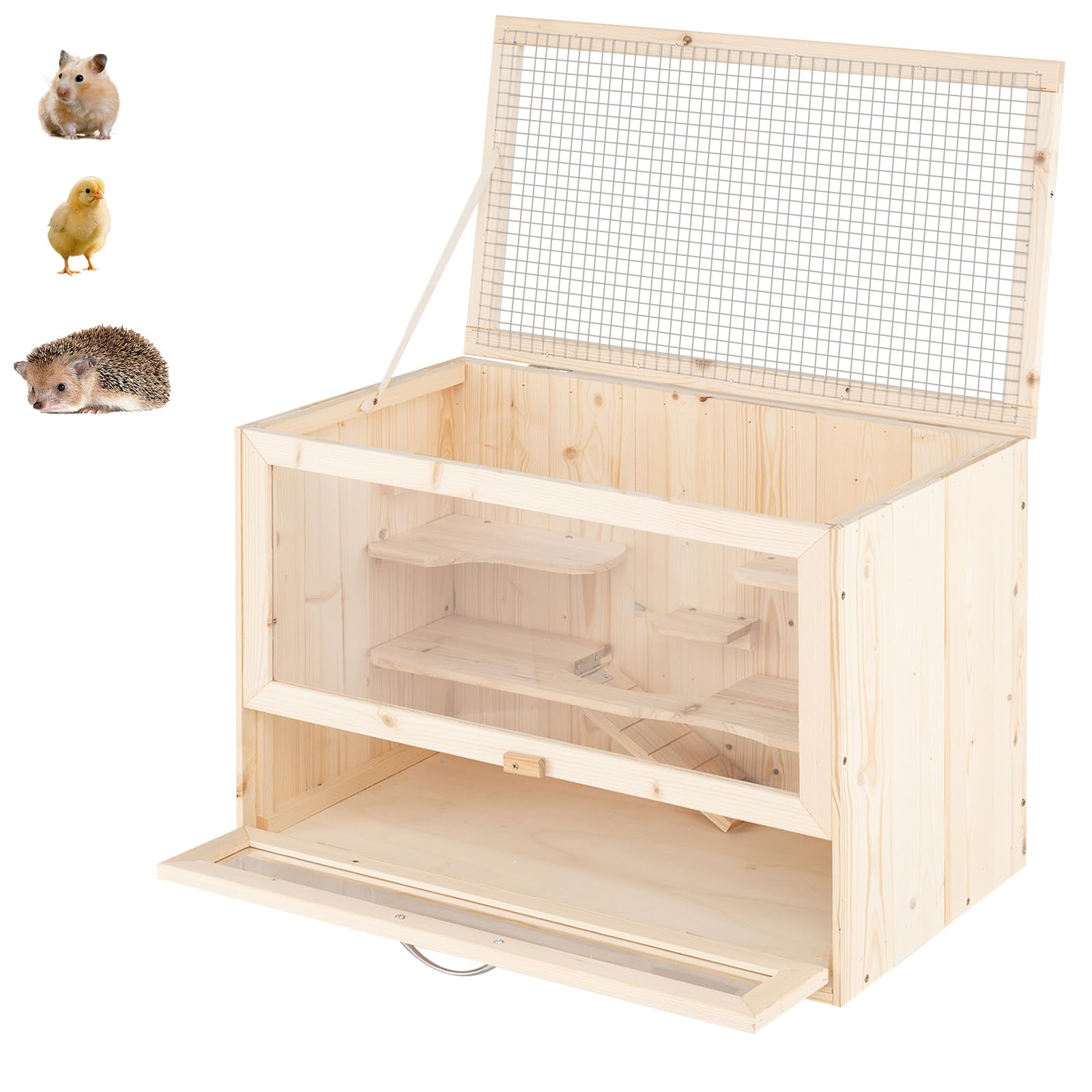 GYMAX Jaula de Madera para Hámster, Casa para Hámster con Techo Abatible de Malla, Paneles de Acrílico Transparente, Múltiples Niveles y Zonas de Juego, para Mascotas, 60 x 35,5 x 42 cm