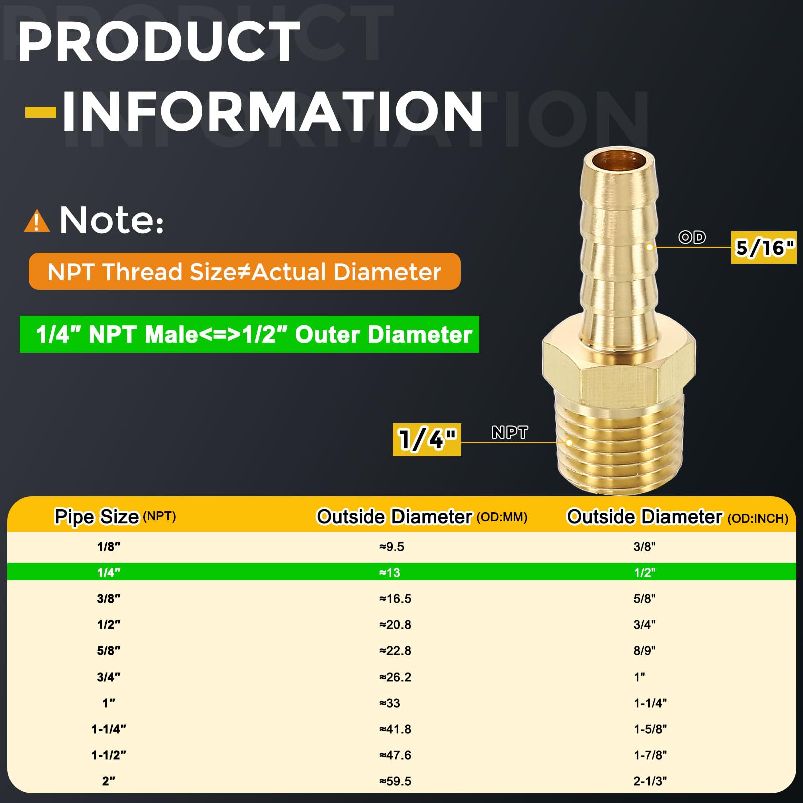 METALLIXITY 12Pcs Brass Hose Barb to NPT Male Adapter 5/16" Barb x 1/4" NPT Male for Automotive Motorcycle, Marine, Truck - Image 2