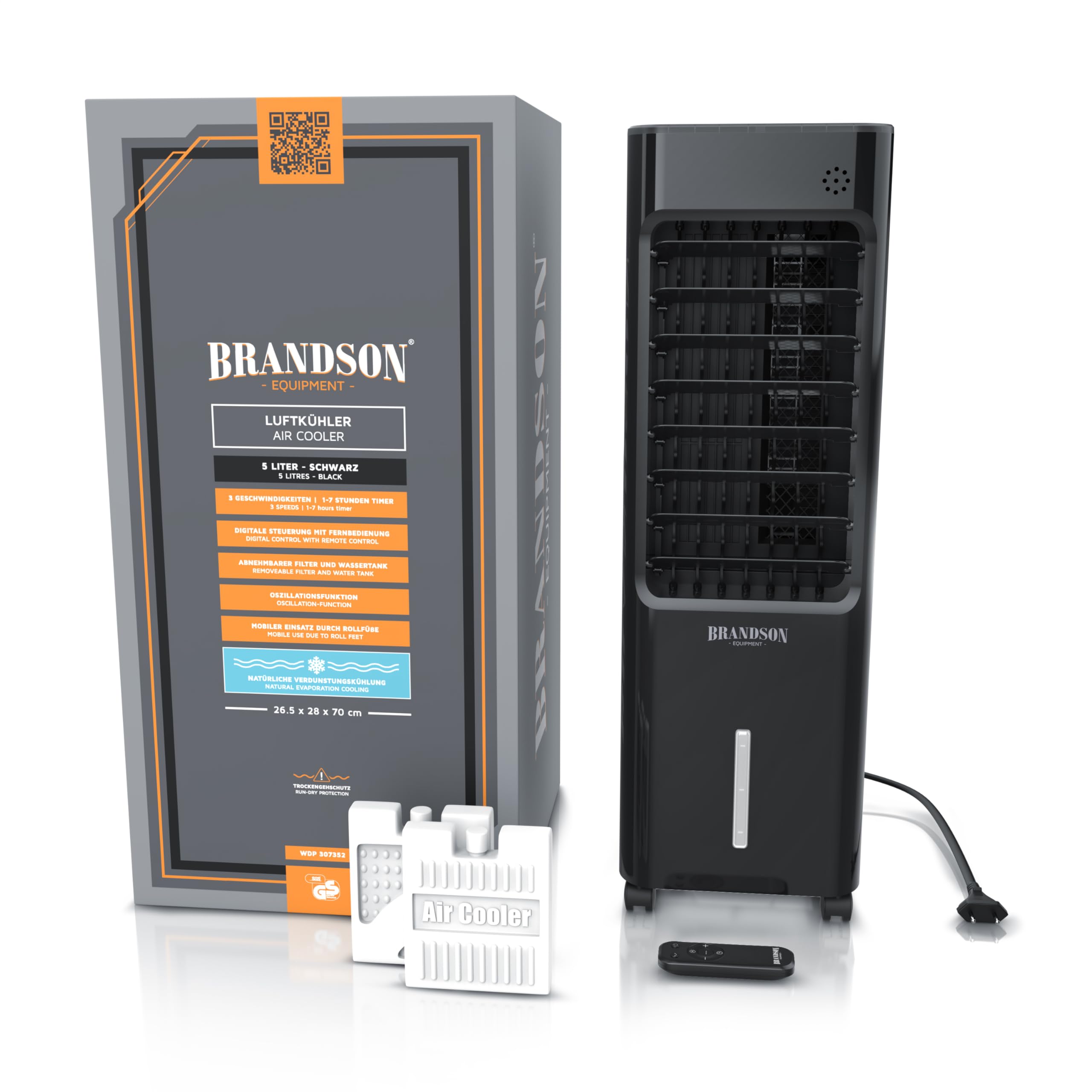 Brandson - Luftkühler mobil mit Wasserkühlung - Preisträger 2025 - Mobile Klimaanlage ohne Abluftschlauch - Luftbefeuchter Ventilator Standventilator - leise - Verdunstungskühler