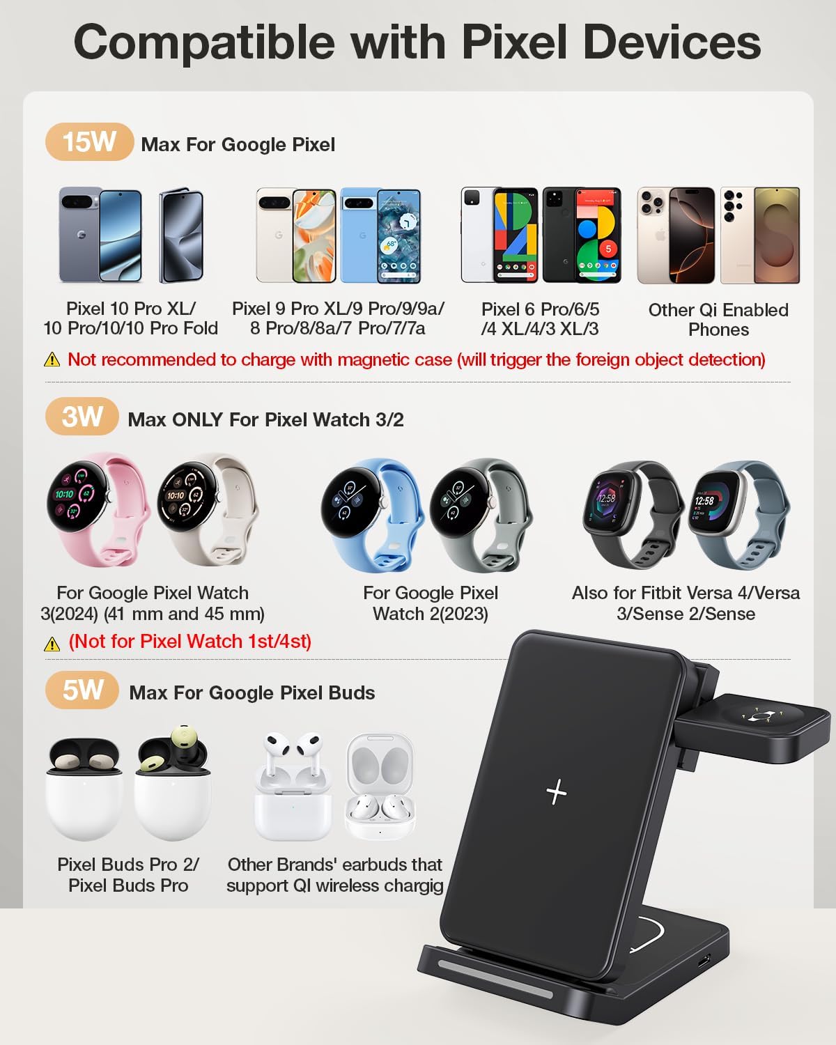 3 in 1 Foldable Wireless Charger for Google Pixel Watch 3/2(Not for Pixel Watch 4/1), Fast Charging Station Stand for Pixel 10 Pro XL/9/8/7 Pro/9a/8a/6 Pro and Buds with QC Adapter for Travel, Black