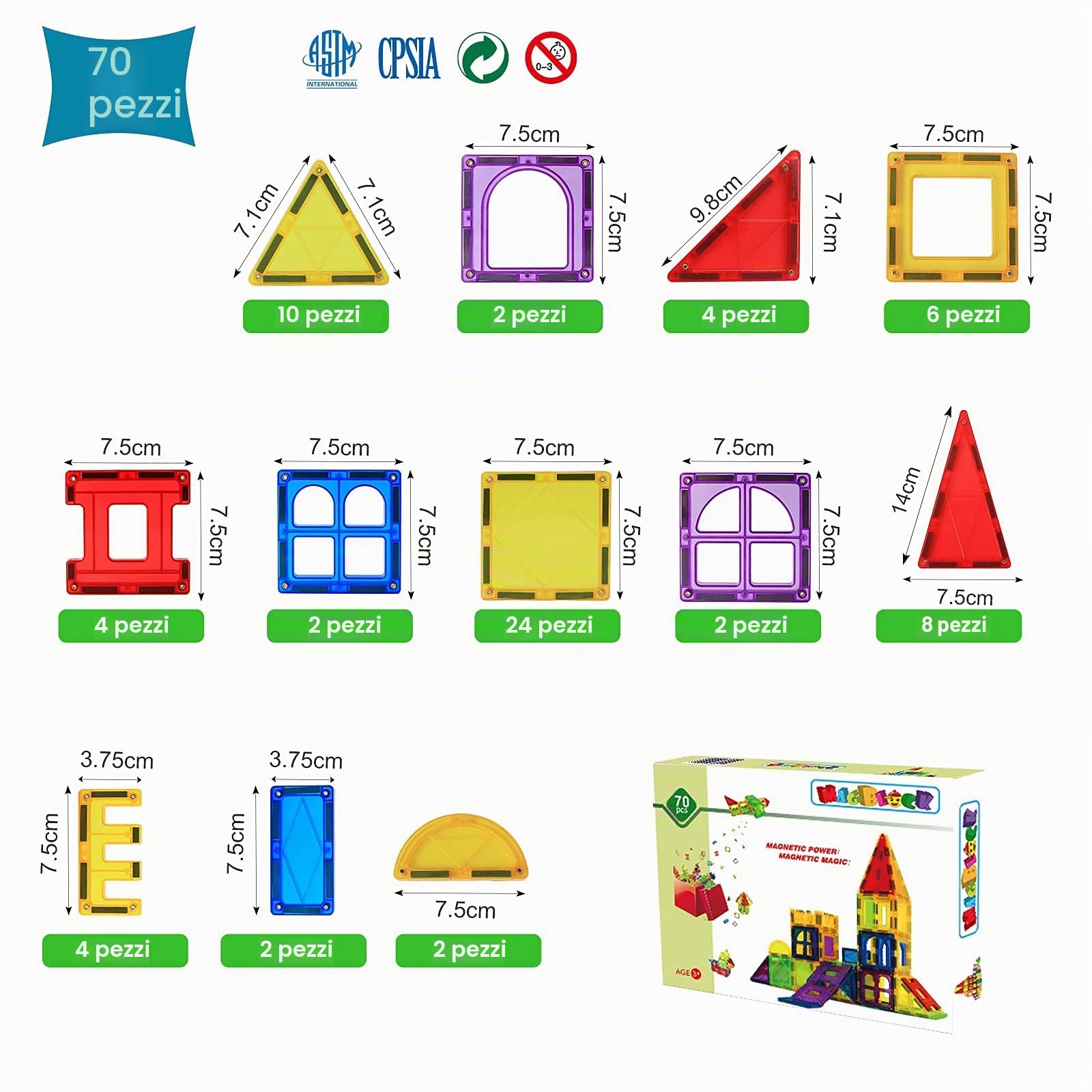 Magblock 70pcs Blocchi di Costruzione Magnetici Bambini Piastrelle Magnetiche Creatività Educativo Costruzione Giocattoli Building Blocks per Ragazzi Ragazze bambino regalo