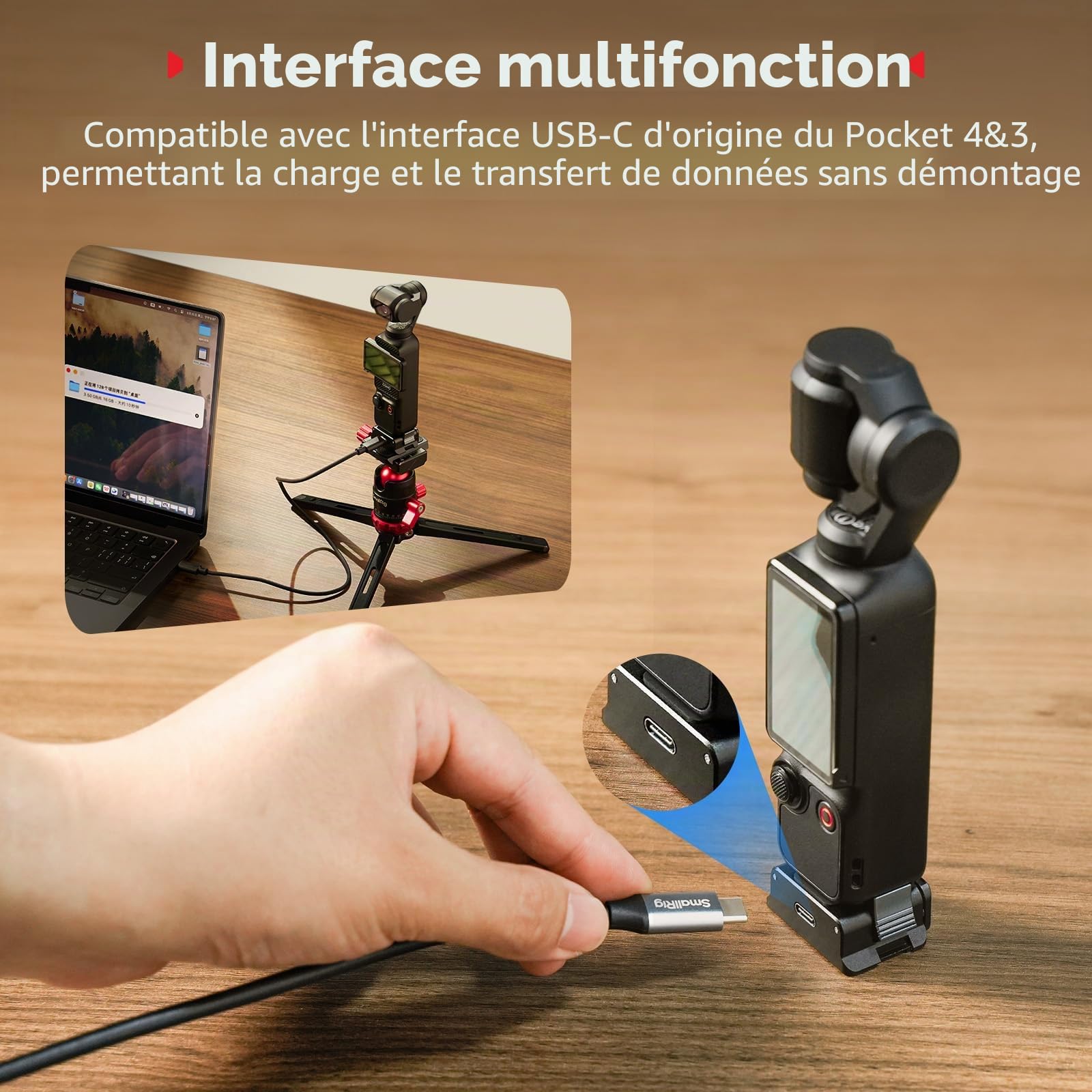 SMALLRIG Adaptateur de Charge pour DJI Osmo Pocket 4/3, Station de Charge de Bureau en Aluminium de Type C avec Trou de Vis de 6,35 mm et Support Pliable à Deux Griffes pour Trépieds/Perches à Selfie