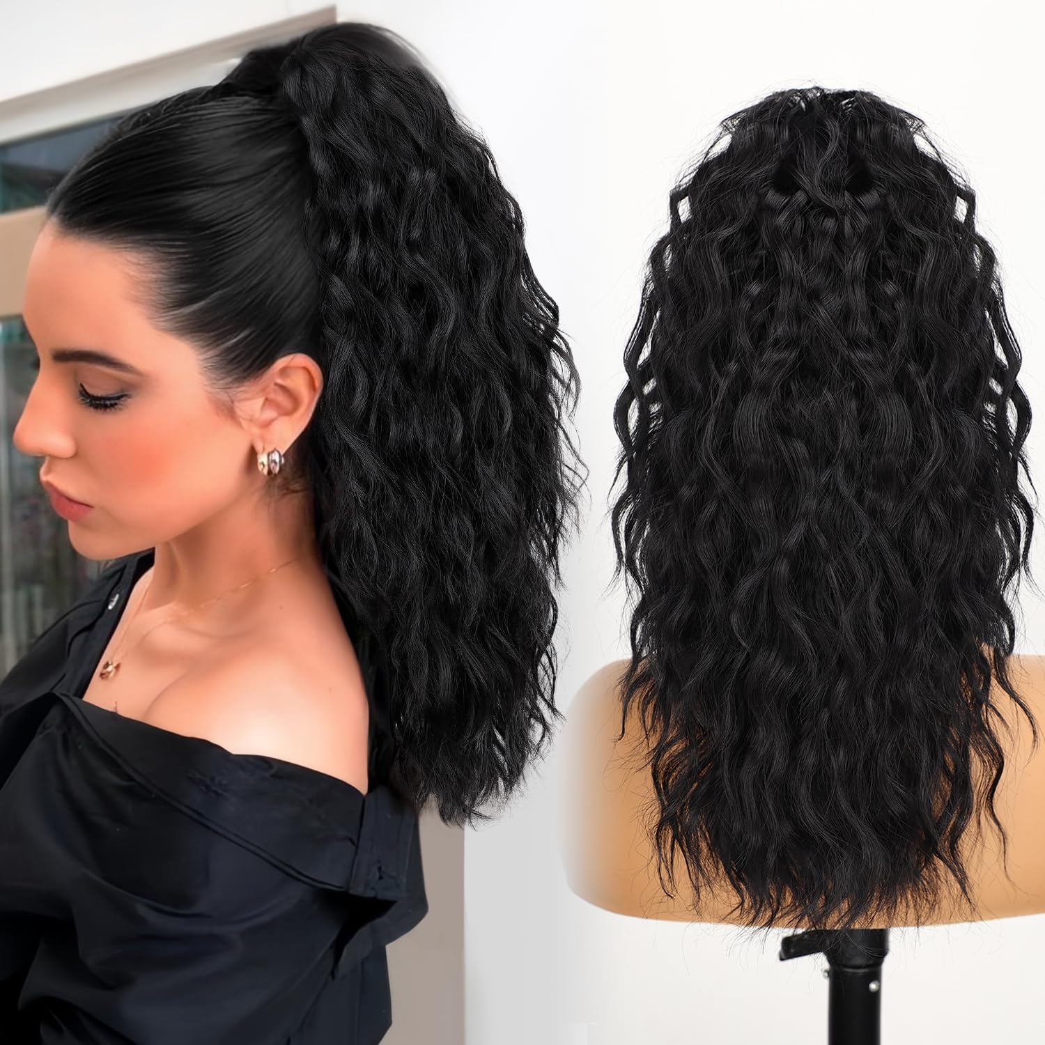 ORSUNCER Claw Clip Ponytail Extension 18″ Curly Wavy Pony Tails Hair Extensions Layered Fluffy Clip on Hairpieces for Women Synthetic Pony Black