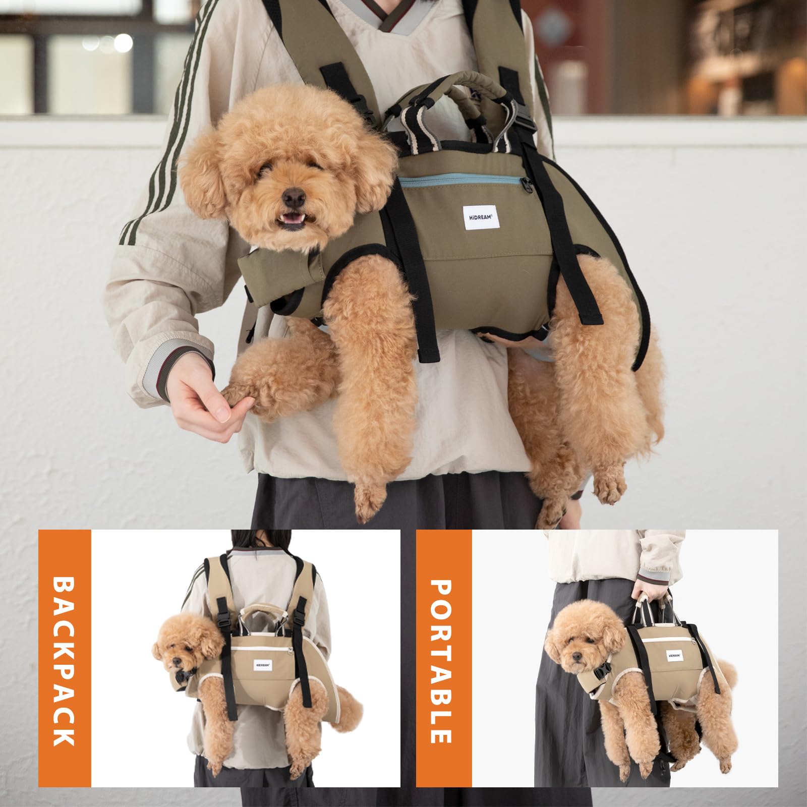 Zaino ergonomico per il trasporto del cane, con zampe orizzontali verso l'esterno anteriore e posteriore, borsa da trasporto a mani libere convertibile 3 in 1, fino a 15 kg (Verde, XL)