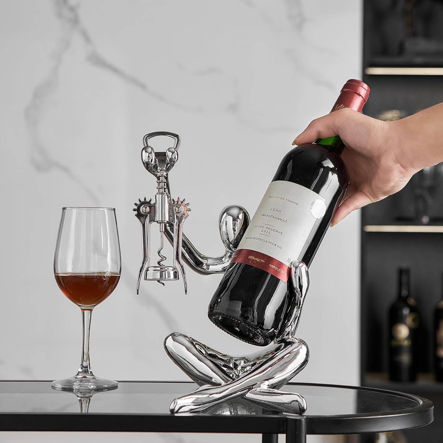 Thinker Statue Wine Rack, Silver Modern Rack for Kitchen Table Decor, Single Wine Bottle Holder Countertop for Bar, Small Bottle Holder Rack