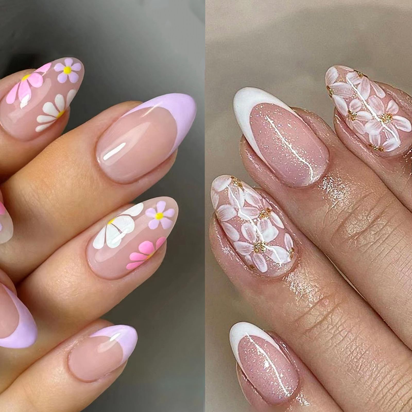 2 Packs 48Pcs Flowers Press on Nails Medium Almond Fake Nails French Tip False Nails Spring Acrylic Nails Floral Glue on Nail Stick on Nail for Women
