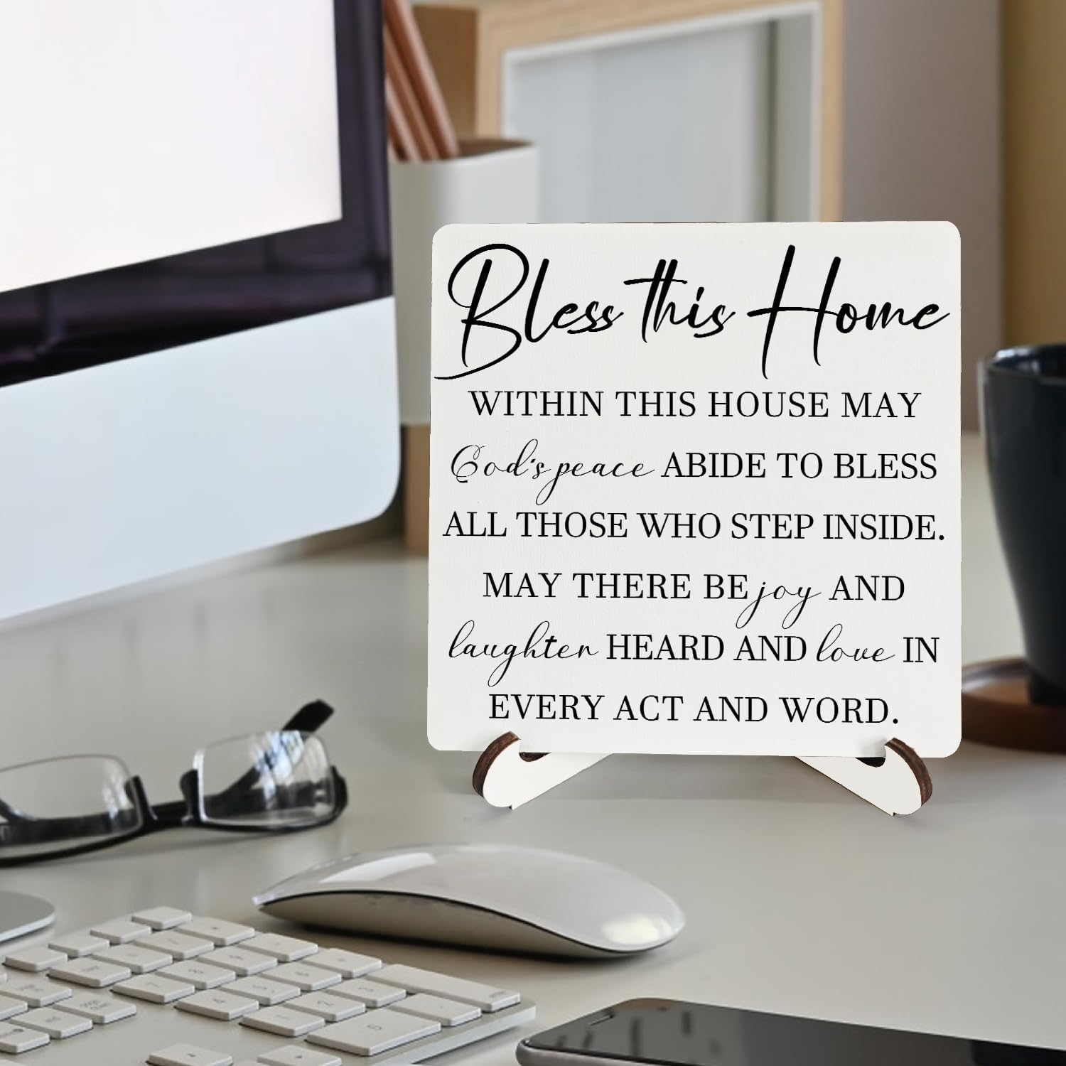 Bless This Home Housewarming Wooden Decor 5"X5", Bless This Home Wooden Desk Table Stand Sign, Christian House Warming Decorative Gifts for Man Woman Couple - Image 2