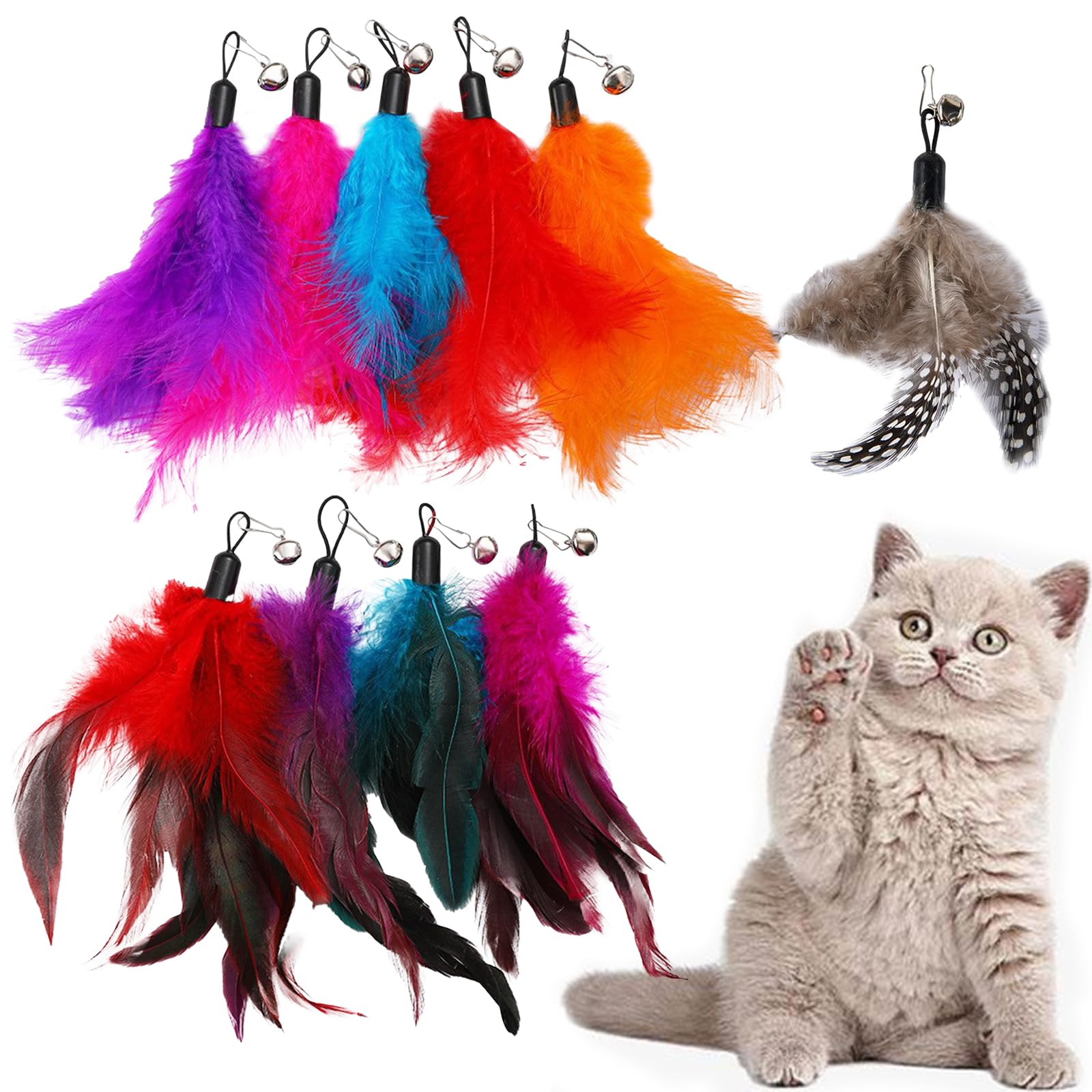 FOSDICK 10 Pieces Cat Wand Toy Attachments, Vibrant Cat Feather Toys Refills with Bells, Interactive Cat Toy Wand for Indoor, Exciting Cats Toys Refills for Boredom and Exercise