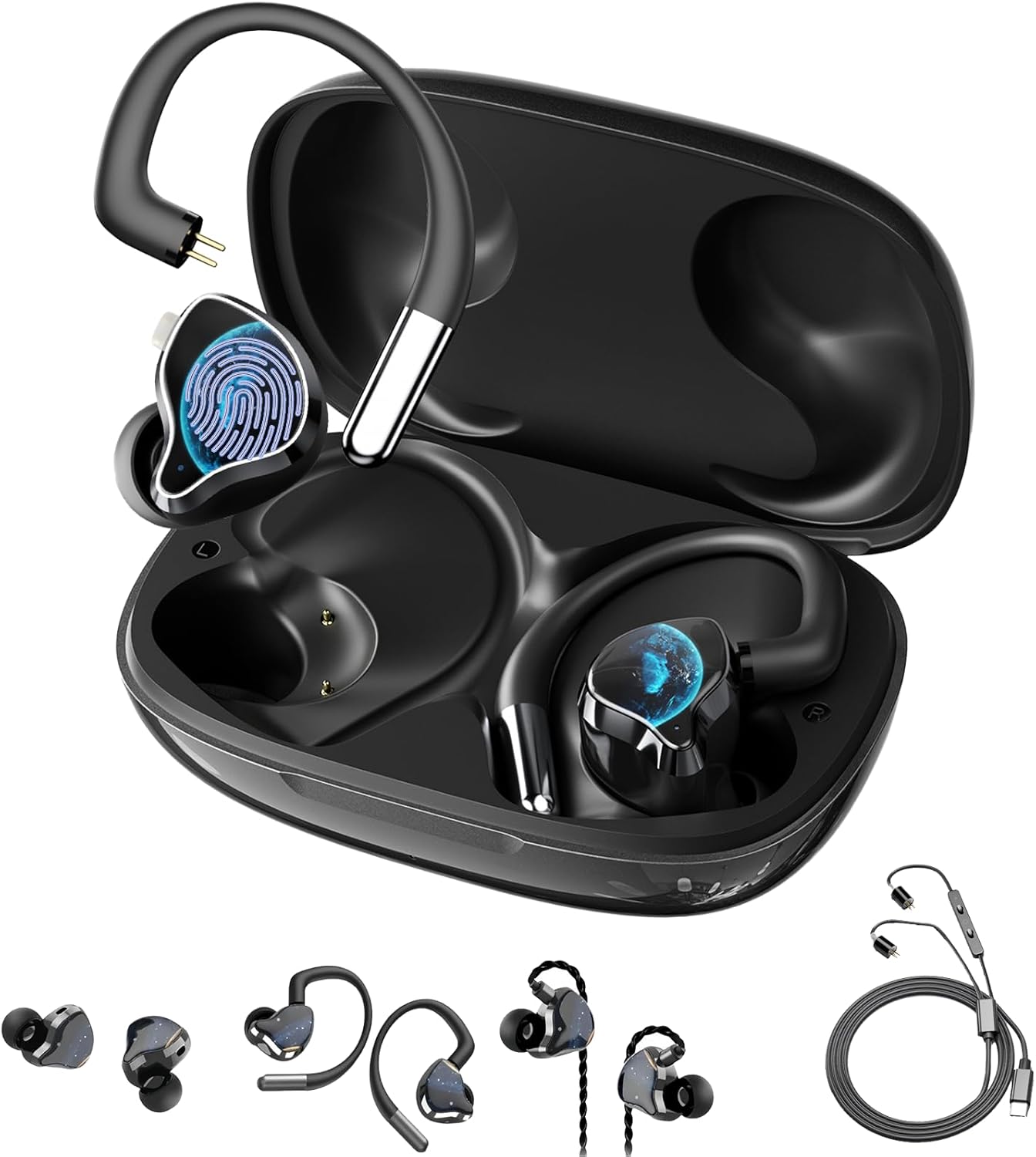 3 in 1 NE81 Wirelessin Ear Monitor Headphones with Earhooks & Charging Case, Wired HiFi Sports Bluetooth Headphones, Clear Sound, Deep Bass & Comfort-Fit Gaming Earphones, for Karaoke, Sports, Studio