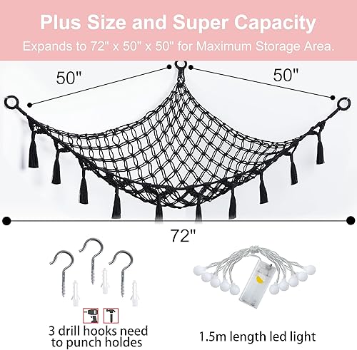 Miniatura 10 de Red de animales de peluche o hamaca con luz, hamaca de red colgante de macramé para almacenamiento de juguetes de peluche, decoración bohemia para