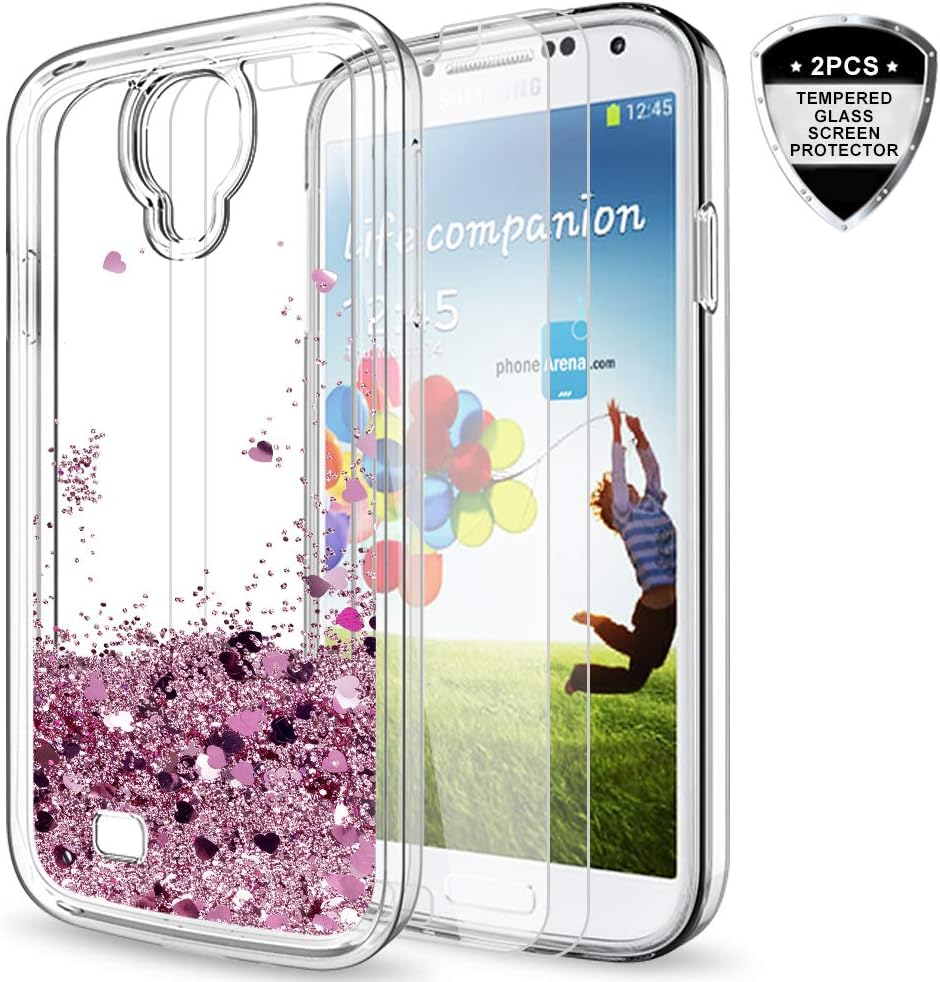LeYi for Galaxy S4 Case with Tempered Glass Screen Protector [2 Pack] for Girls Women, Cute Bling Shiny Moving Quicksand Liquid Clear TPU Protective Phone Case for Samsung Galaxy S4 ZX Rose Gold