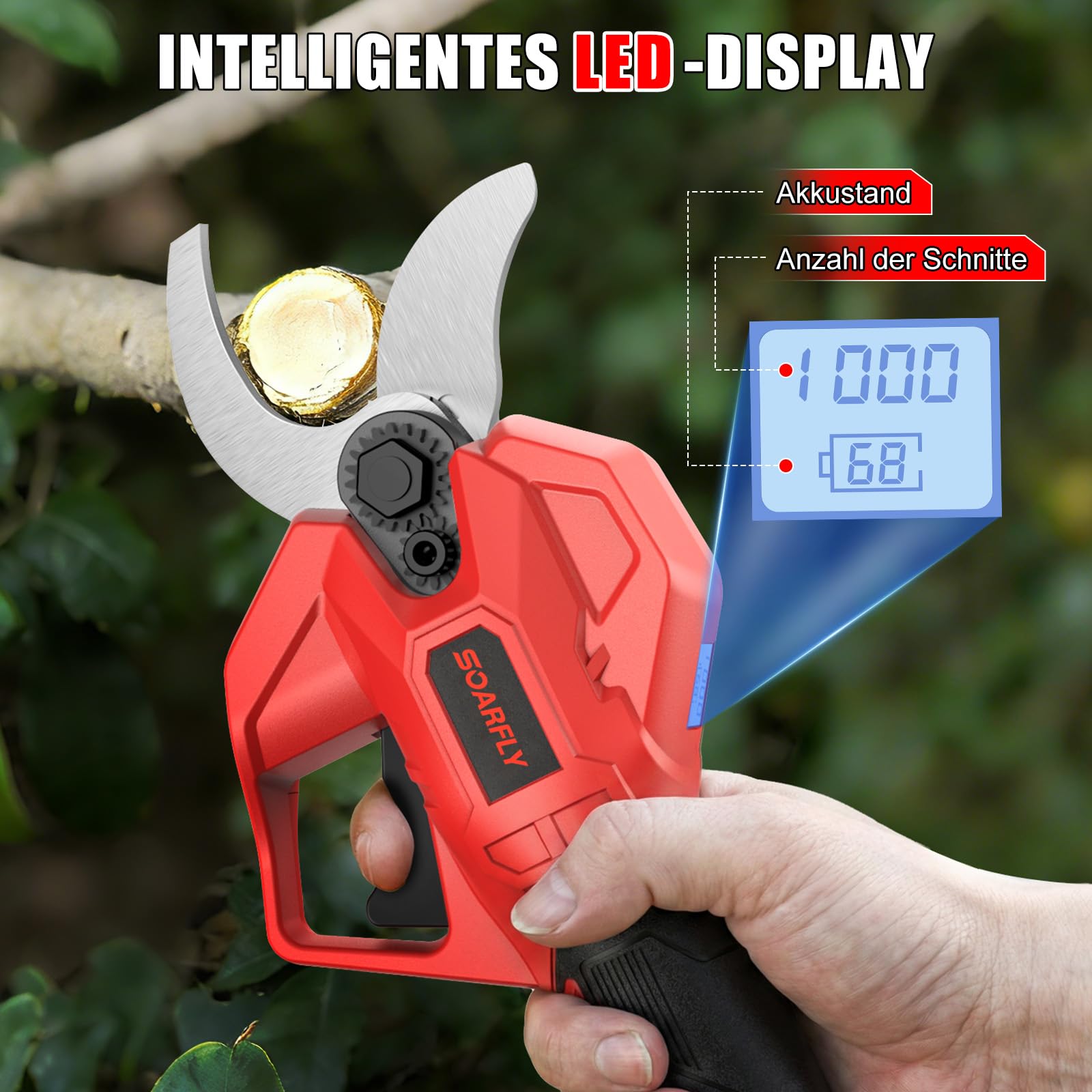 SOARFLY Akku Astschere 50mm, Elektrische Gartenschere mit 2 Akkus, Leistungsstarke Astschere Akku für Obstbäume Garten und Sträucher, Kabellose Gartenschere mit SK7 Klinge und Sicherheitsfunktion, Rot