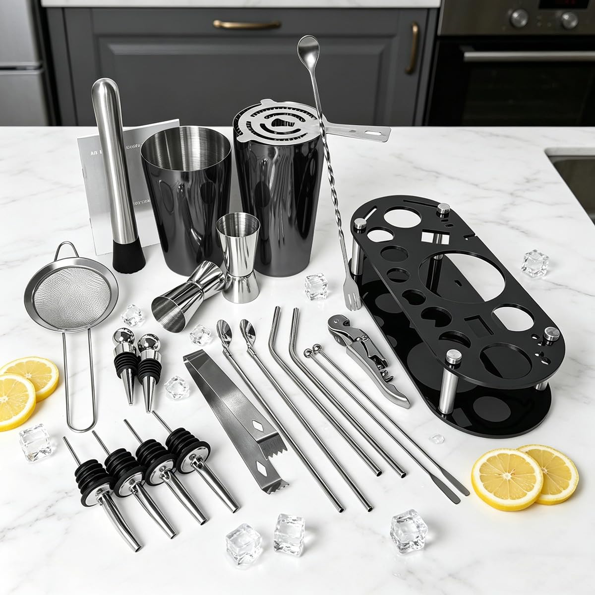 Juego de coctelera de 22 piezas, kit de camarero de 27/20 onzas, juegos de herramientas de bar de acero inoxidable para mezclar bebidas, coctelera Boston con soporte folleto de recetas (negro-27-20