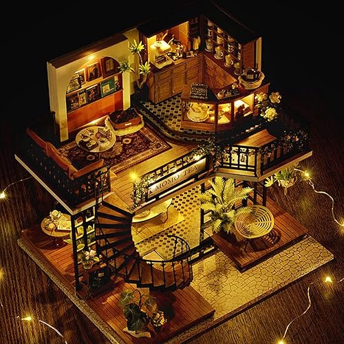 Miniatura 7 de Mini casa de muñecas en miniatura de madera, tienda de té del bosque, escena, modelo de construcción, casa de juguete con luces LED y cubierta