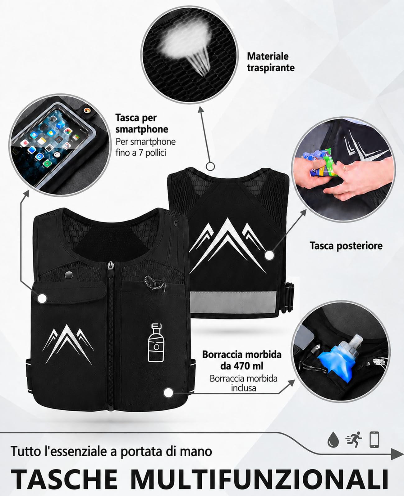 Gilet Running Uomo Donna, Ultraleggero 156 g, Vestibilità Regolabile | Zaino Idratazione Trail con Soft Flask 470 ml, 4 Tasche per Telefono e Gel, per Corsa Urbana, Jogging e Trail Leggero