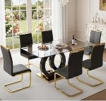 Ebullient Ensemble de table à manger en verre 6, Ensemble de table de cuisine en verre trempé moderne avec OC Jambe de conception et base en métal, 7 Ensemble de table à manger en pièce avec 6 PU Chaises rembourrées en cuir pour cuisine