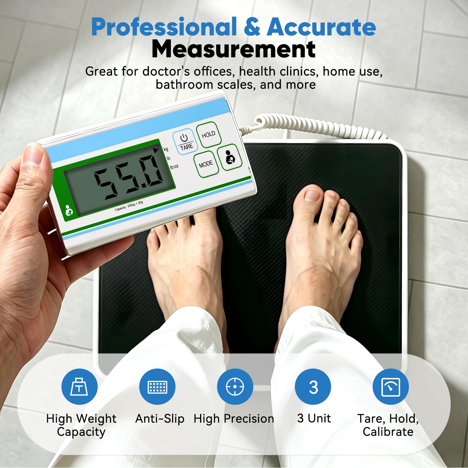 Bilancia pesapersone digitale, 300 kg, con misurazione ad alta precisione, ideale per ufficio, palestra e casa, bilancia medica per carichi pesanti, con display facile da leggere e supporto da parete