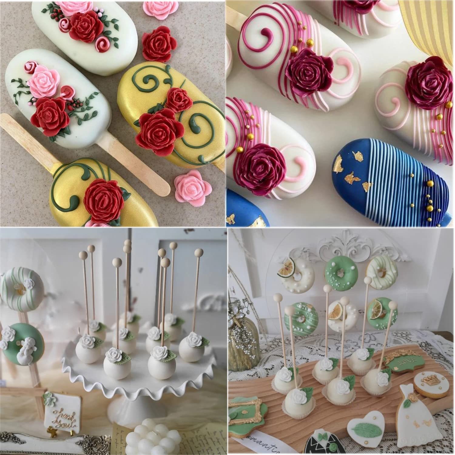 Mujiang Juego de 4 moldes de silicona para fondant, diseño de rosas, flores, chocolate, hojas de caramelo, para decoración de pasteles, pasta de goma de azúcar, juego de 4